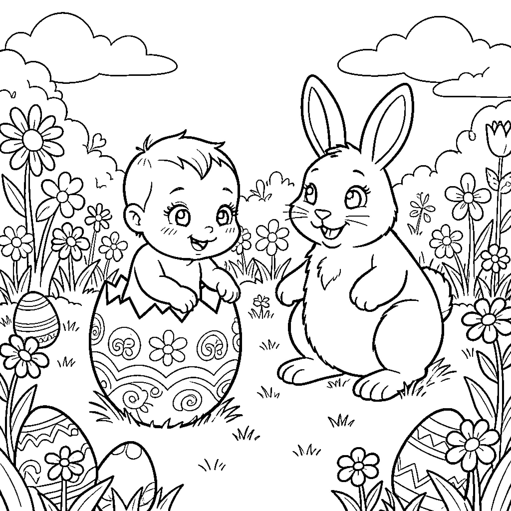 Baby playing with Easter bunny in a garden Coloring Page (free black-and-white line drawing printable PDF for all, from beginners to advanced learners, including children, teens, adults, and seniors)
