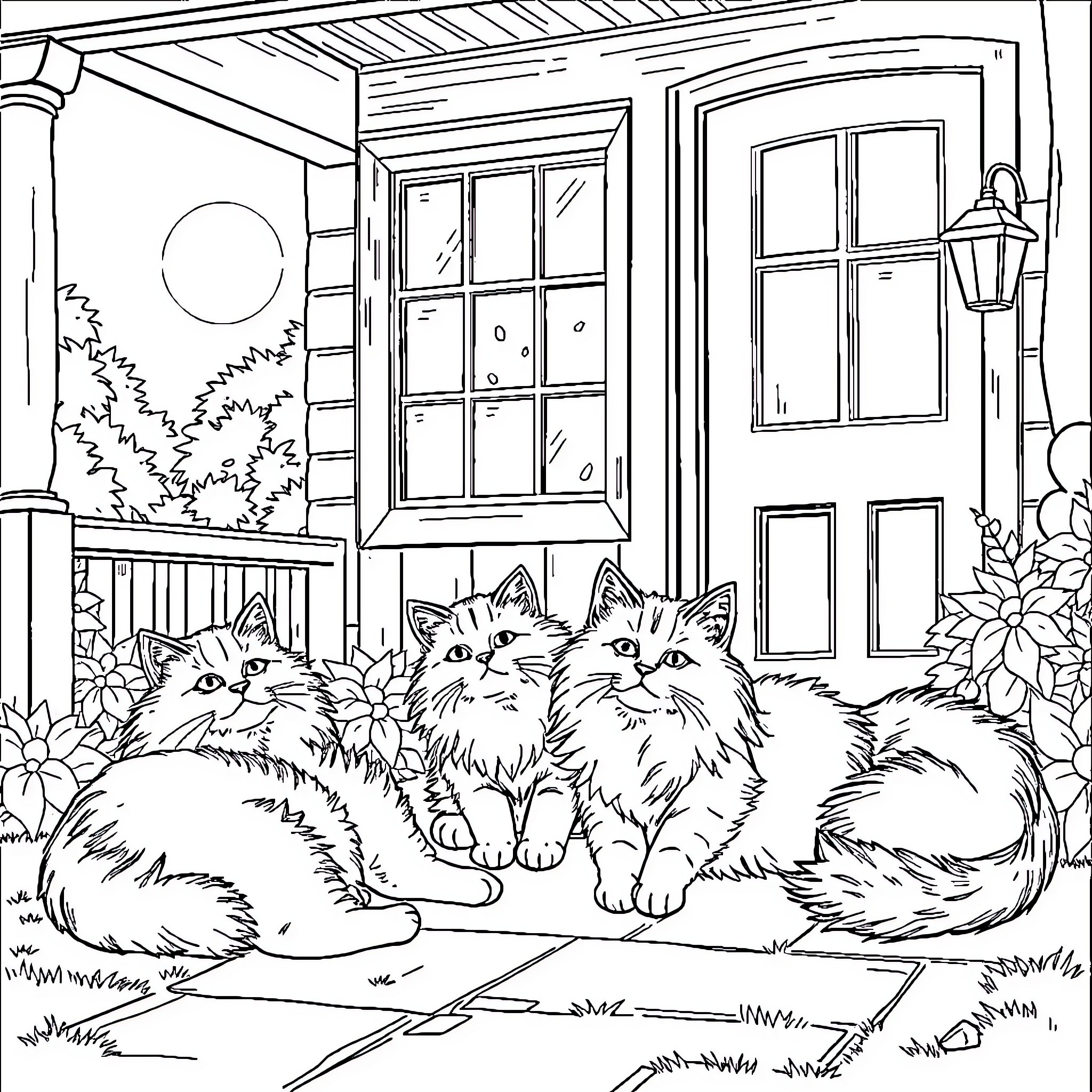 Cats relaxing near a cottage Coloring Page (free black-and-white line drawing printable PDF for all, from beginners to advanced learners, including children, teens, adults, and seniors)