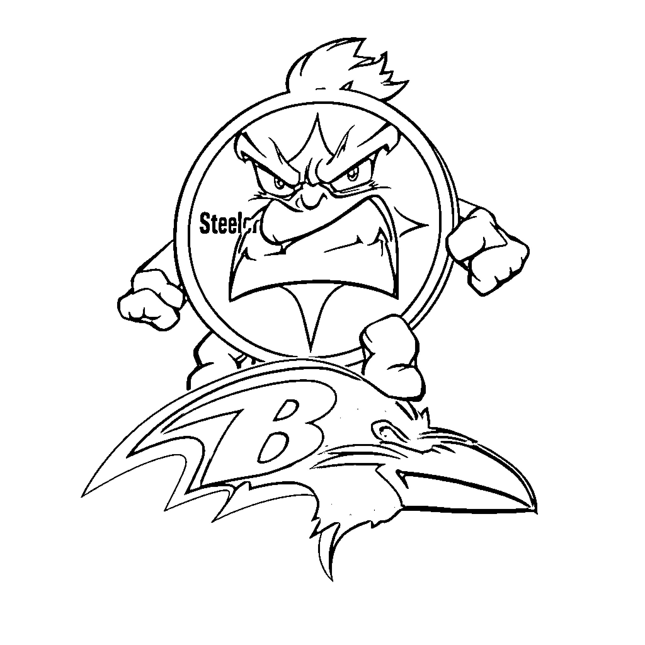 Pittsburgh Steelers mascot in aggressive stance Coloring Page (free black-and-white line drawing printable PDF for all, from beginners to advanced learners, including children, teens, adults, and seniors)