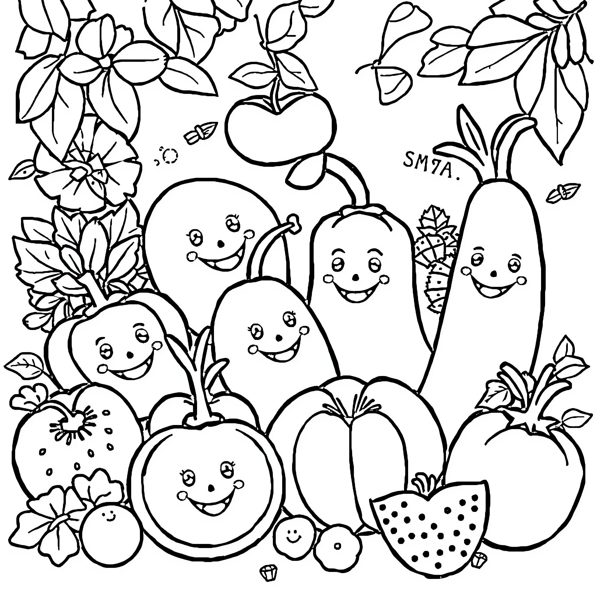 Fruit and Vegetable Characters in a Floral Scene Coloring Page (free black-and-white line drawing printable PDF for all, from beginners to advanced learners, including children, teens, adults, and seniors)