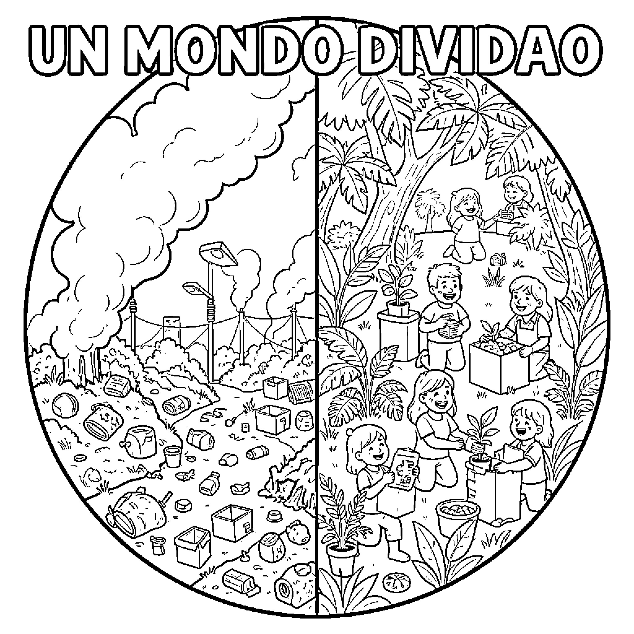 Mundo de desigualdade e preservação Coloring Page (free black-and-white line drawing printable PDF for all, from beginners to advanced learners, including children, teens, adults, and seniors)