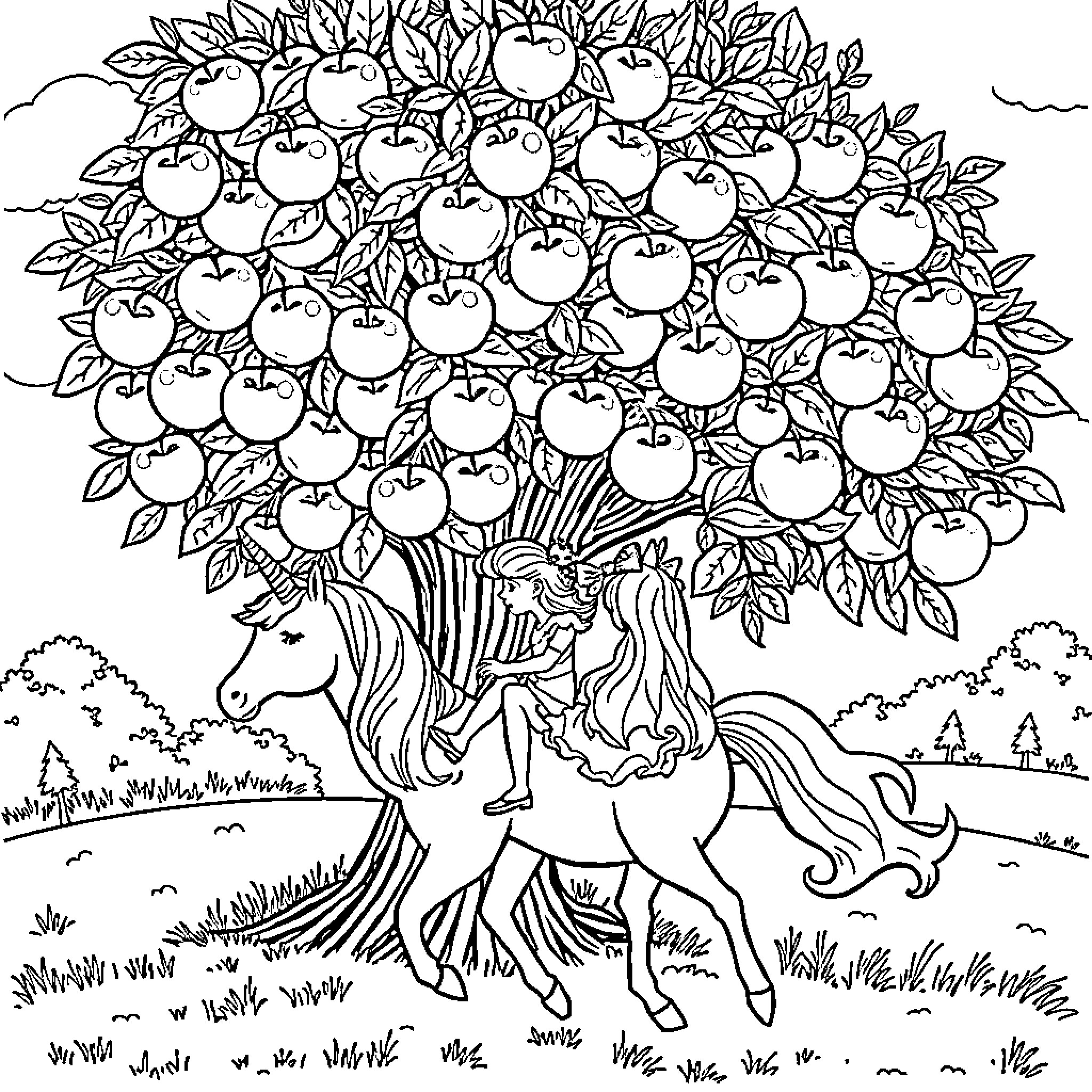 Unicorn among the Abundant Apple Tree Coloring Page (free black-and-white line drawing printable PDF for all, from beginners to advanced learners, including children, teens, adults, and seniors)