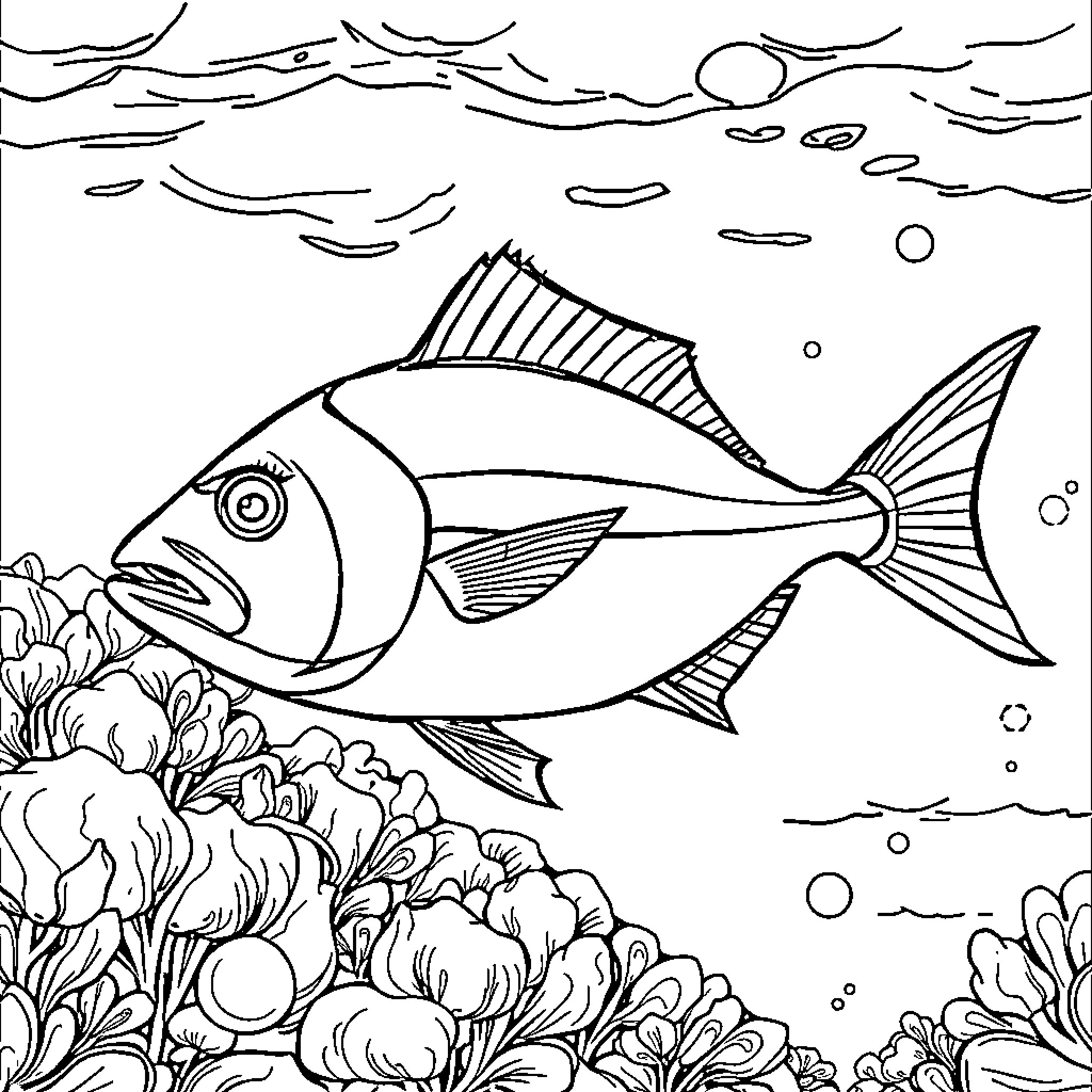 Bonito Fish Swimming in the Underwater Coral Reef Coloring Page (free black-and-white line drawing printable PDF for all, from beginners to advanced learners, including children, teens, adults, and seniors)