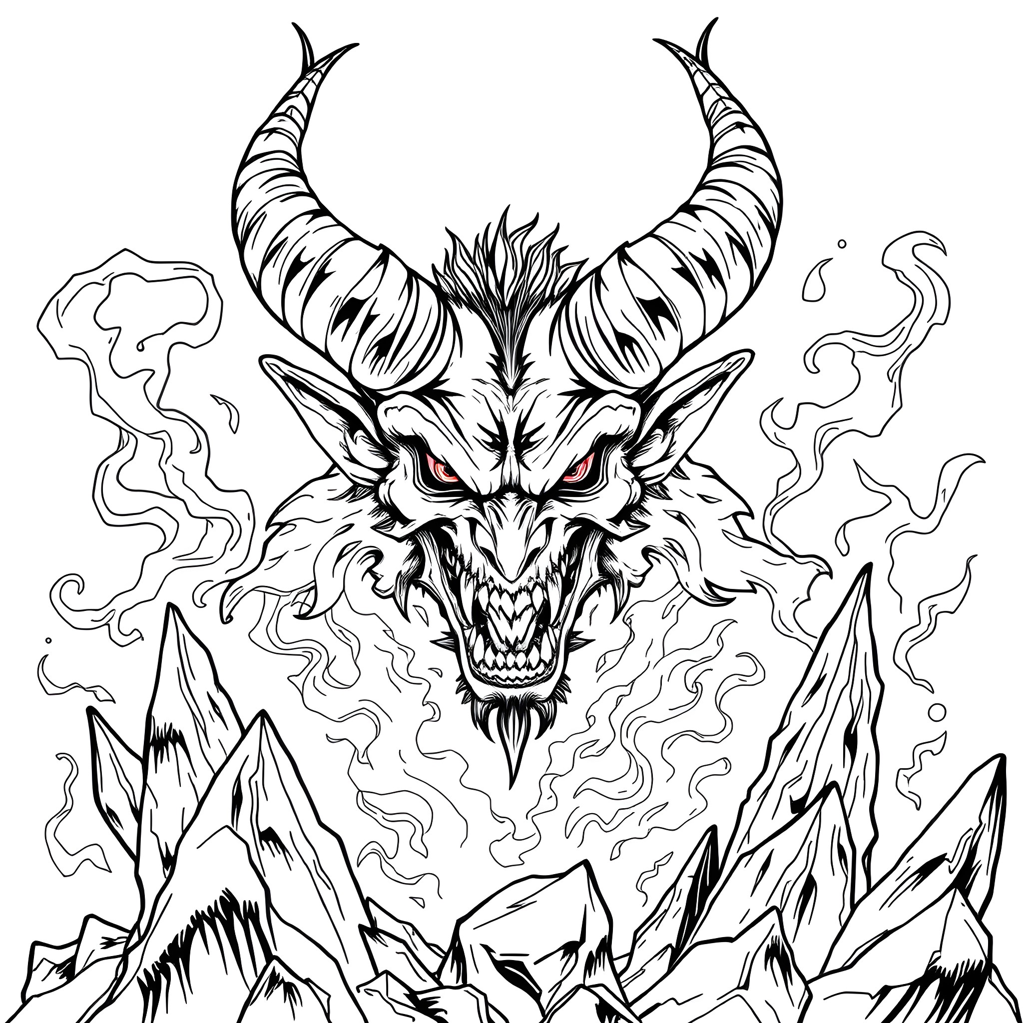 Creature with menacing horns and expression in a rocky landscape Coloring Page (free black-and-white line drawing printable PDF for all, from beginners to advanced learners, including children, teens, adults, and seniors)