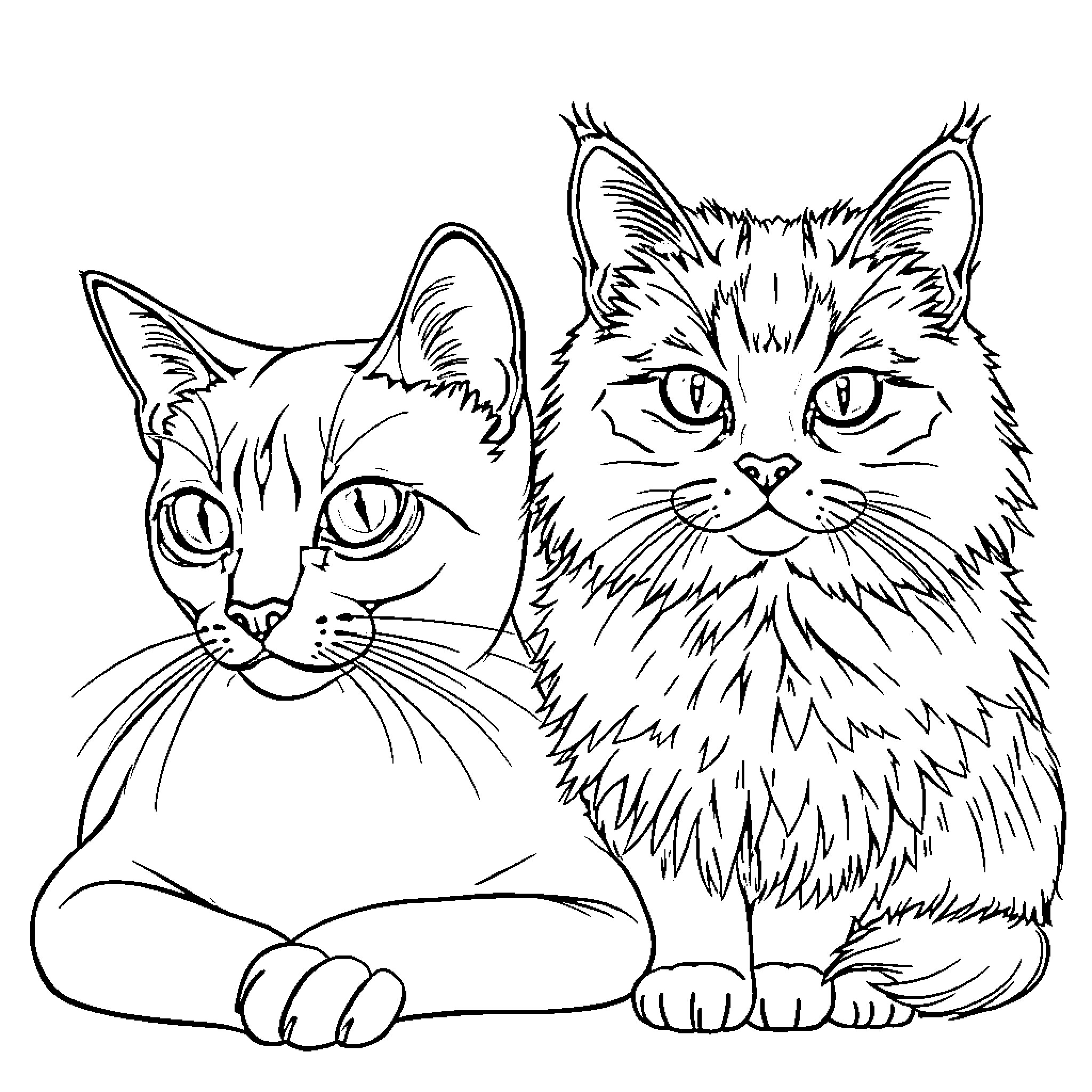 Cats cuddling together in a cozy scene Coloring Page (free black-and-white line drawing printable PDF for all, from beginners to advanced learners, including children, teens, adults, and seniors)