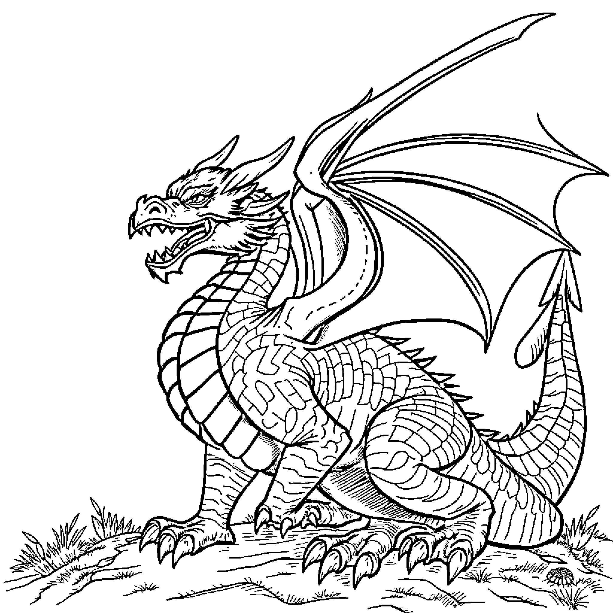 Dragon taking flight in mythical landscape Coloring Page (free black-and-white line drawing printable PDF for all, from beginners to advanced learners, including children, teens, adults, and seniors)