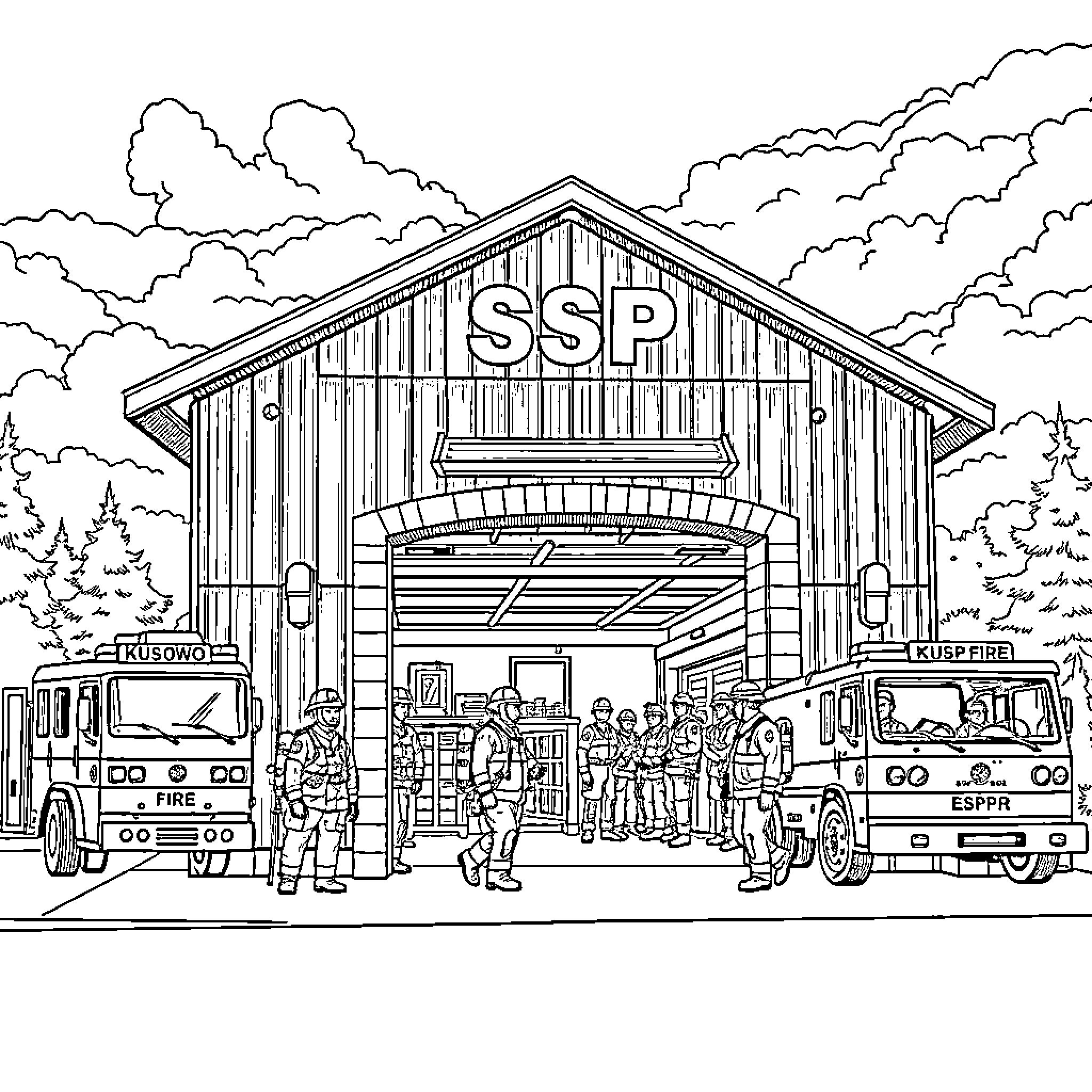 OSP Kusowo: Firefighters and Vehicles at Wooden Station Coloring Page (free black-and-white line drawing printable PDF for all, from beginners to advanced learners, including children, teens, adults, and seniors)
