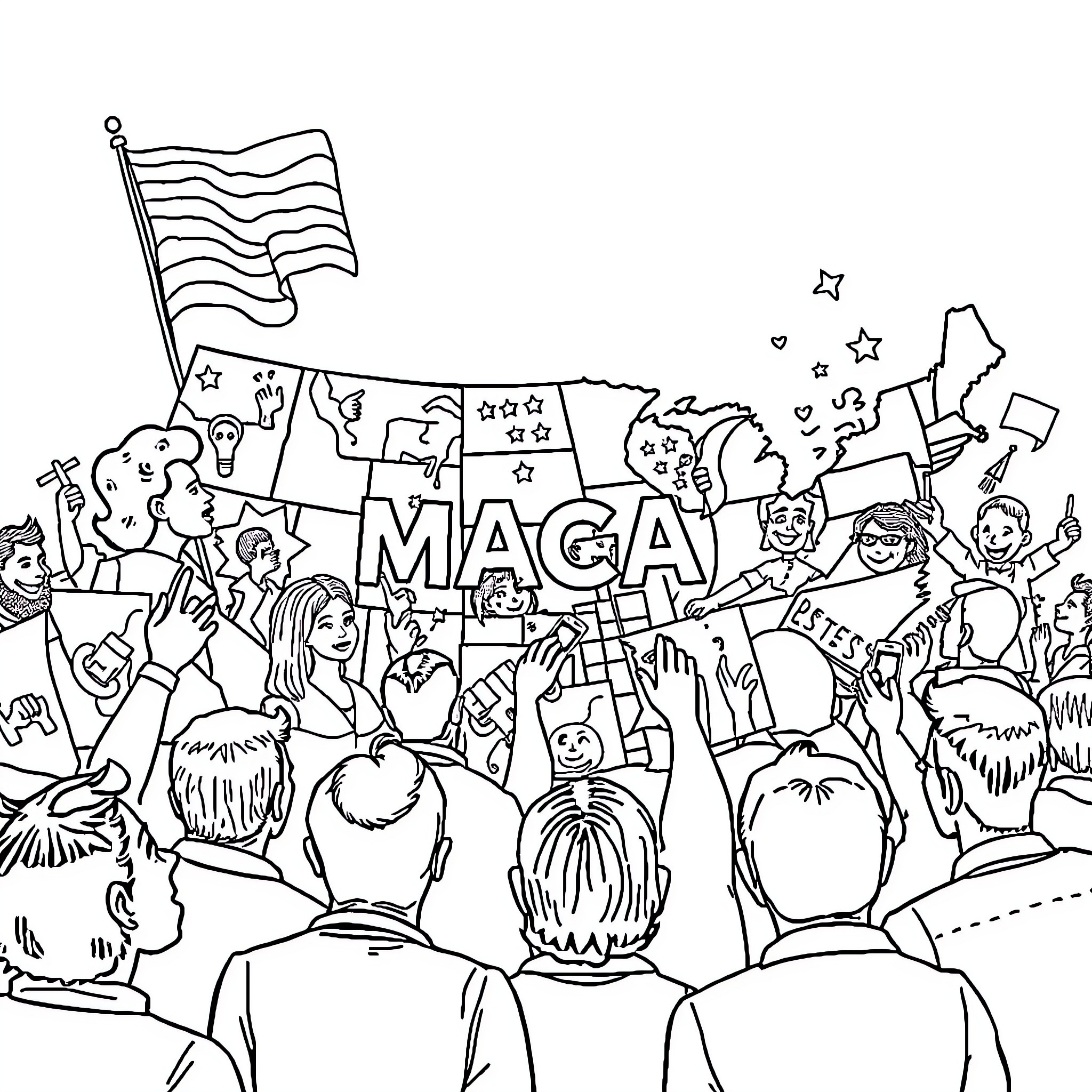 US Crowd Celebrating and Waving MAGA Flags Coloring Page (free black-and-white line drawing printable PDF for all, from beginners to advanced learners, including children, teens, adults, and seniors)