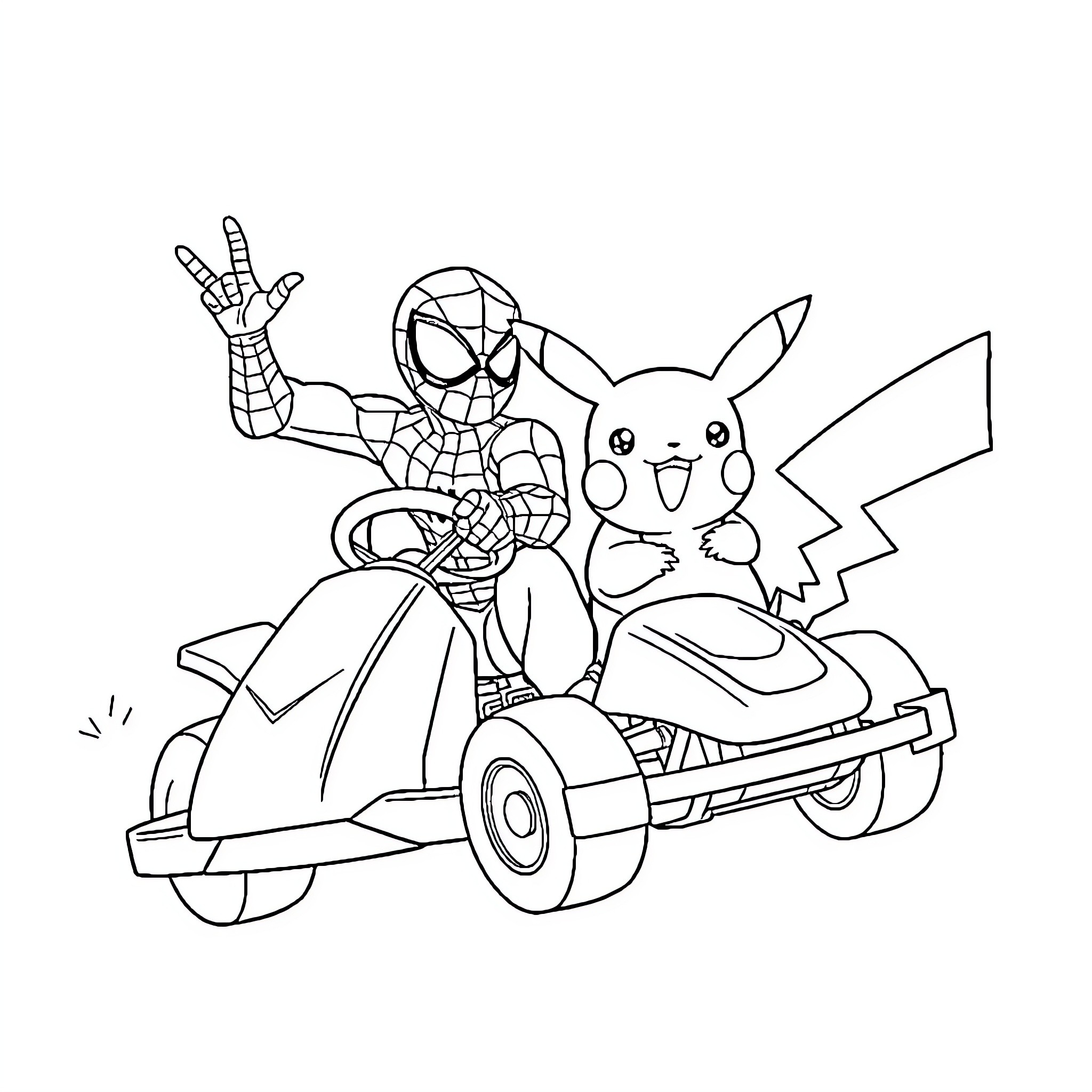 Spiderman and Pikachu riding a scooter together Coloring Page (free black-and-white line drawing printable PDF for all, from beginners to advanced learners, including children, teens, adults, and seniors)