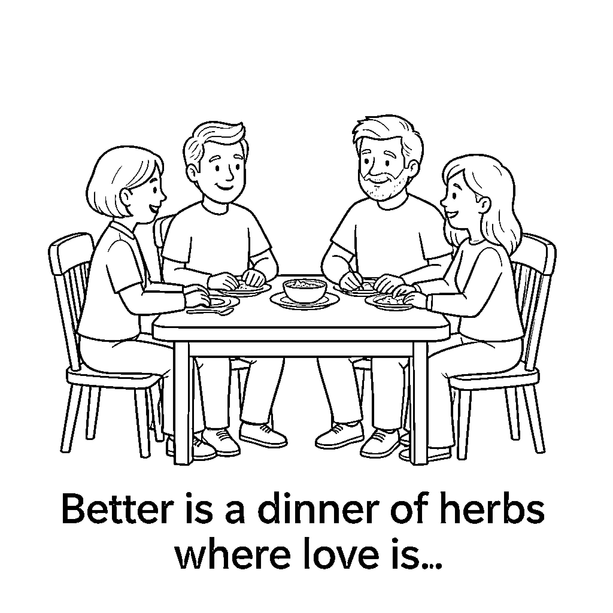 Family Sharing a Meal Together Coloring Page (free black-and-white line drawing printable PDF for all, from beginners to advanced learners, including children, teens, adults, and seniors)