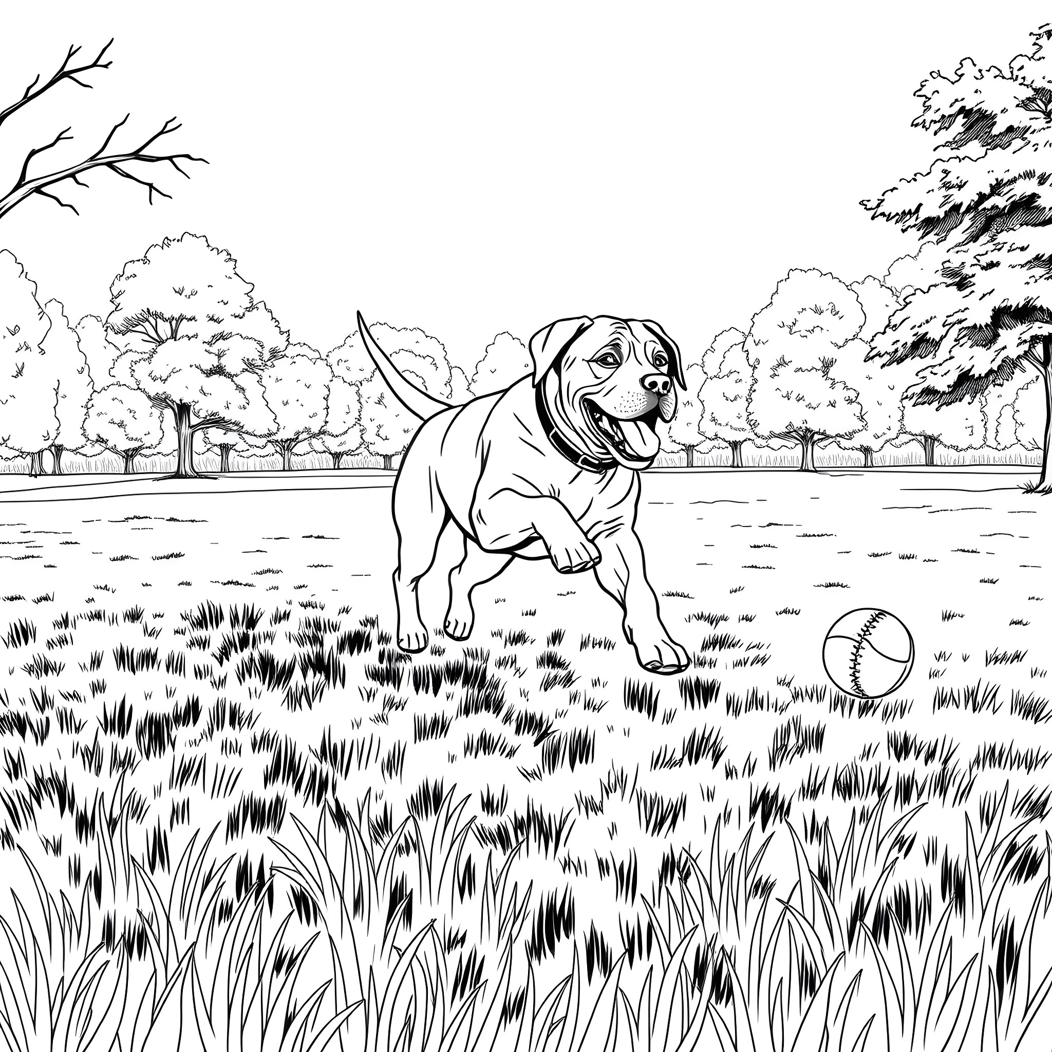 Mastiff playing joyfully in a grassy field Coloring Page (free black-and-white line drawing printable PDF for all, from beginners to advanced learners, including children, teens, adults, and seniors)