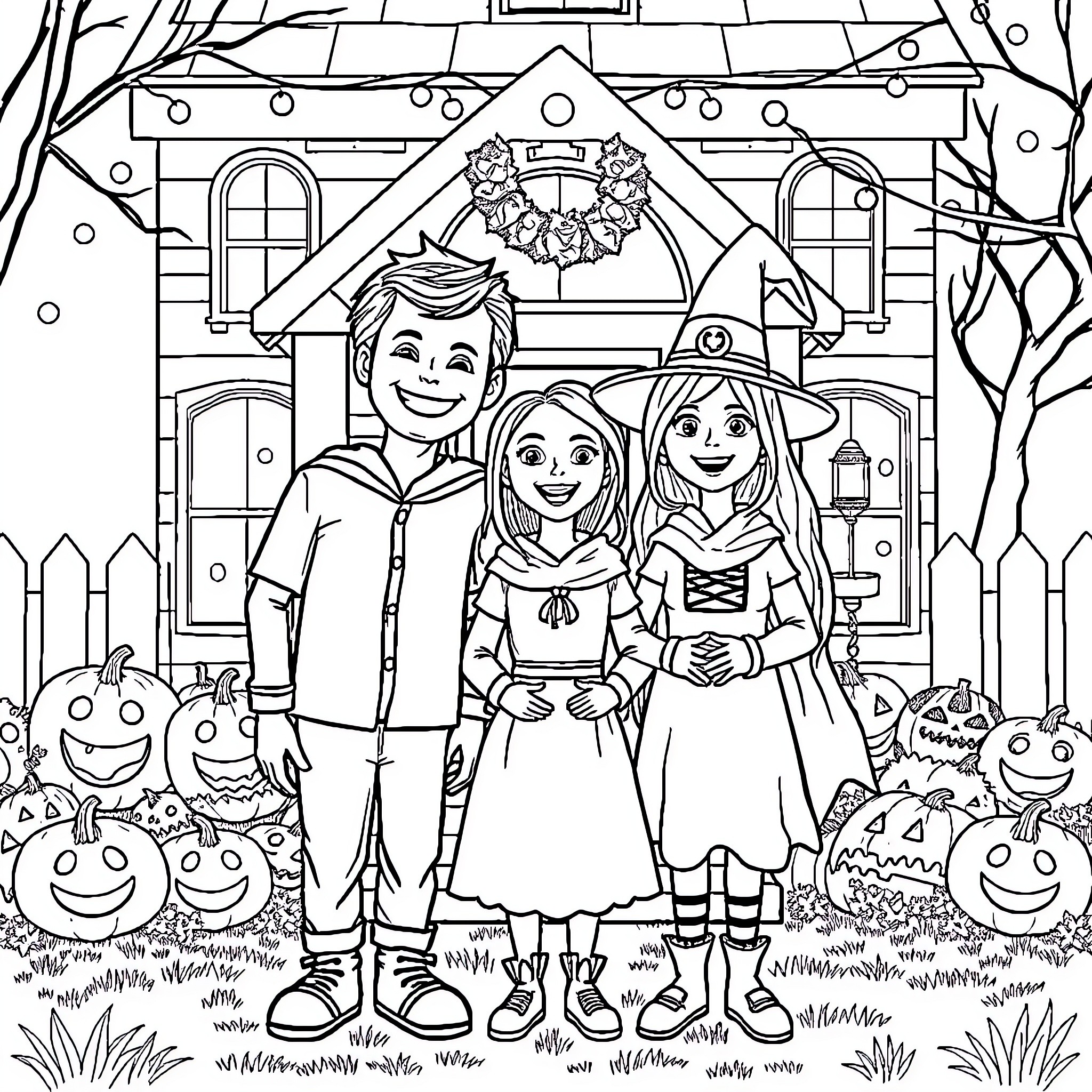 Family Dressed for Halloween in Front of Decorated House Coloring Page (free black-and-white line drawing printable PDF for all, from beginners to advanced learners, including children, teens, adults, and seniors)