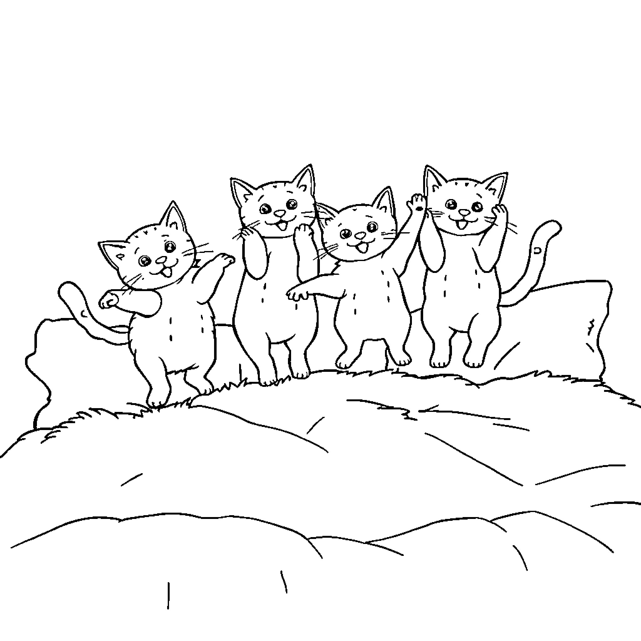 Cat Friends Enjoying the Outdoors Coloring Page (free black-and-white line drawing printable PDF for all, from beginners to advanced learners, including children, teens, adults, and seniors)