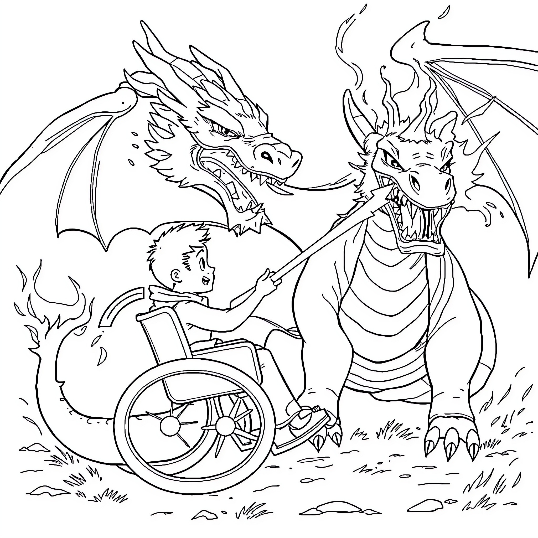 Boy in wheelchair with fierce dragons Coloring Page (free black-and-white line drawing printable PDF for all, from beginners to advanced learners, including children, teens, adults, and seniors)