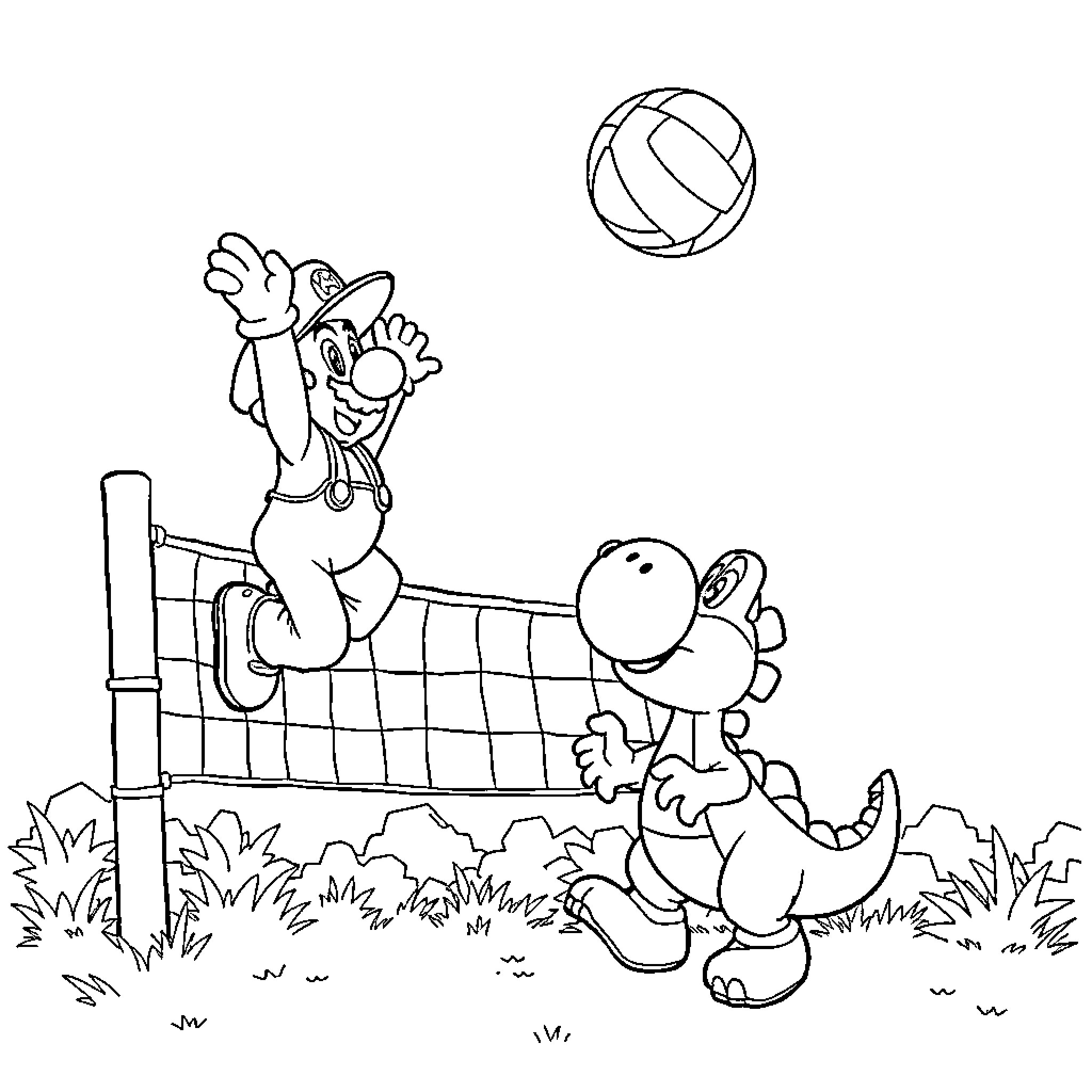 Mario Playing Volleyball with Dinosaur Friend Coloring Page (free black-and-white line drawing printable PDF for all, from beginners to advanced learners, including children, teens, adults, and seniors)
