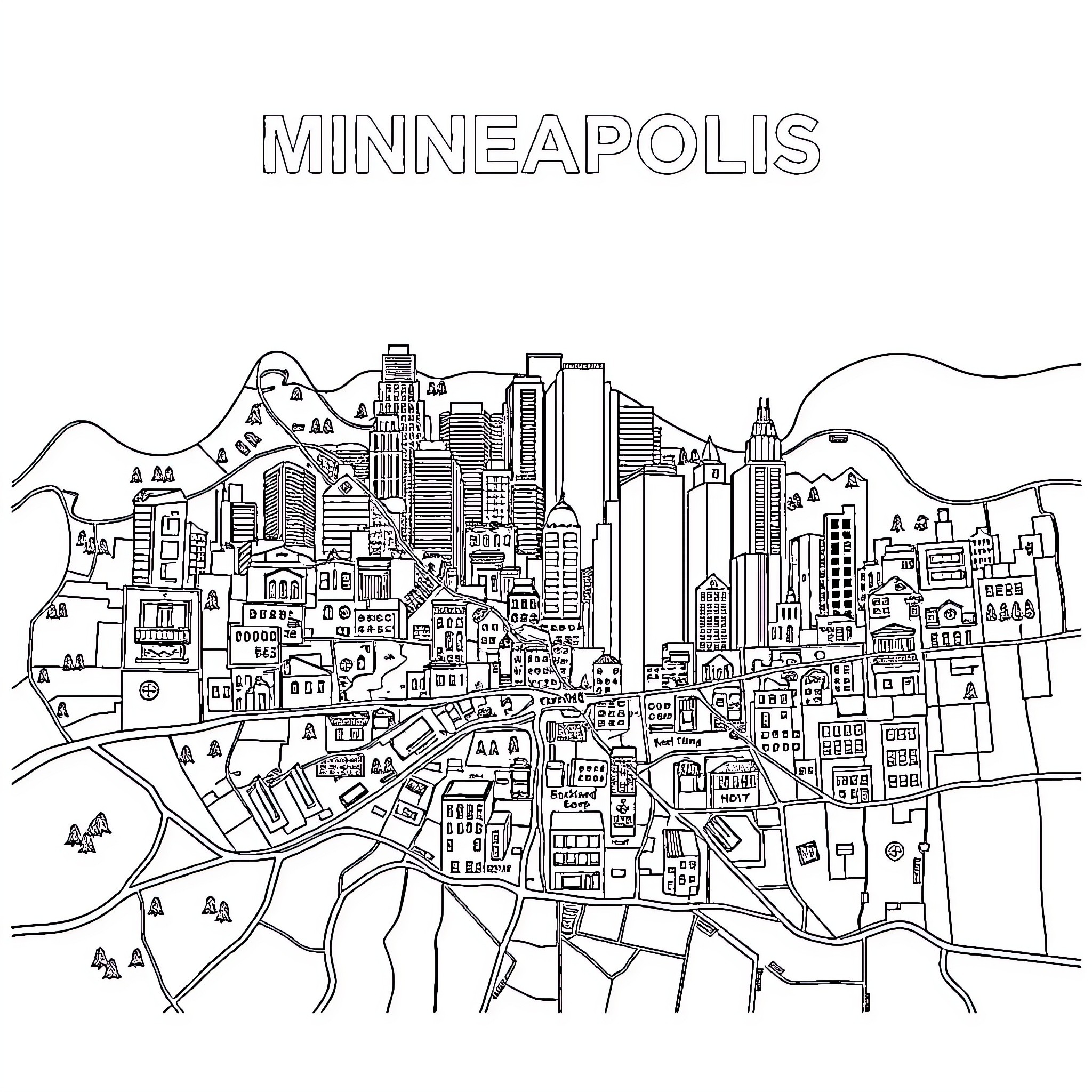 Neighborhood of Minneapolis city skyline and urban landscape Coloring Page (free black-and-white line drawing printable PDF for all, from beginners to advanced learners, including children, teens, adults, and seniors)