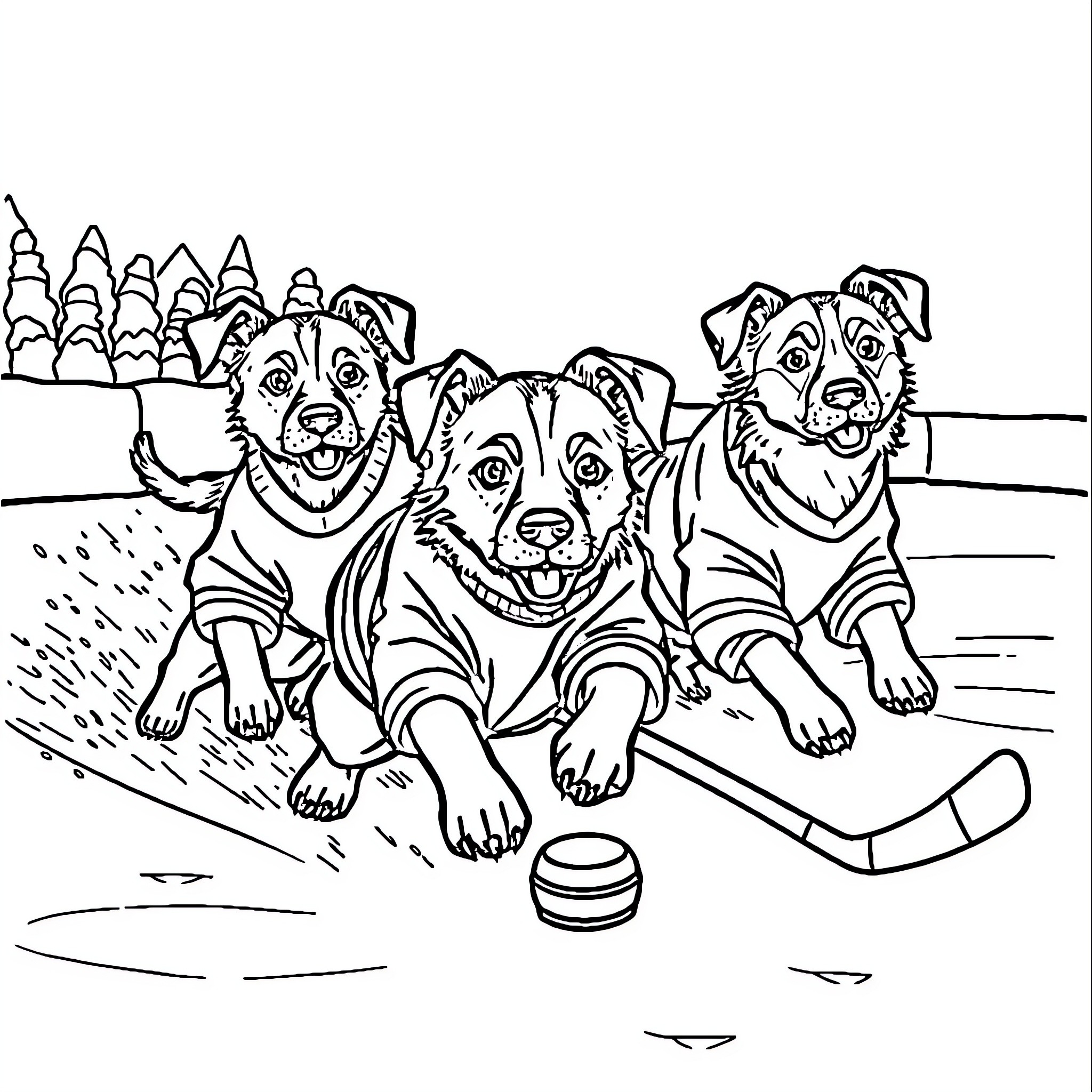 Dogs playing happily with a hockey puck in the park Coloring Page (free black-and-white line drawing printable PDF for all, from beginners to advanced learners, including children, teens, adults, and seniors)