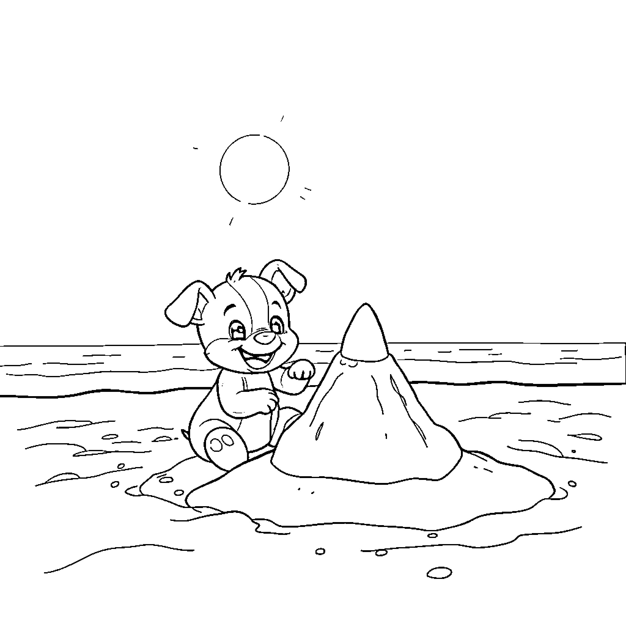 Bluey playing in the sand at the beach Coloring Page (free black-and-white line drawing printable PDF for all, from beginners to advanced learners, including children, teens, adults, and seniors)