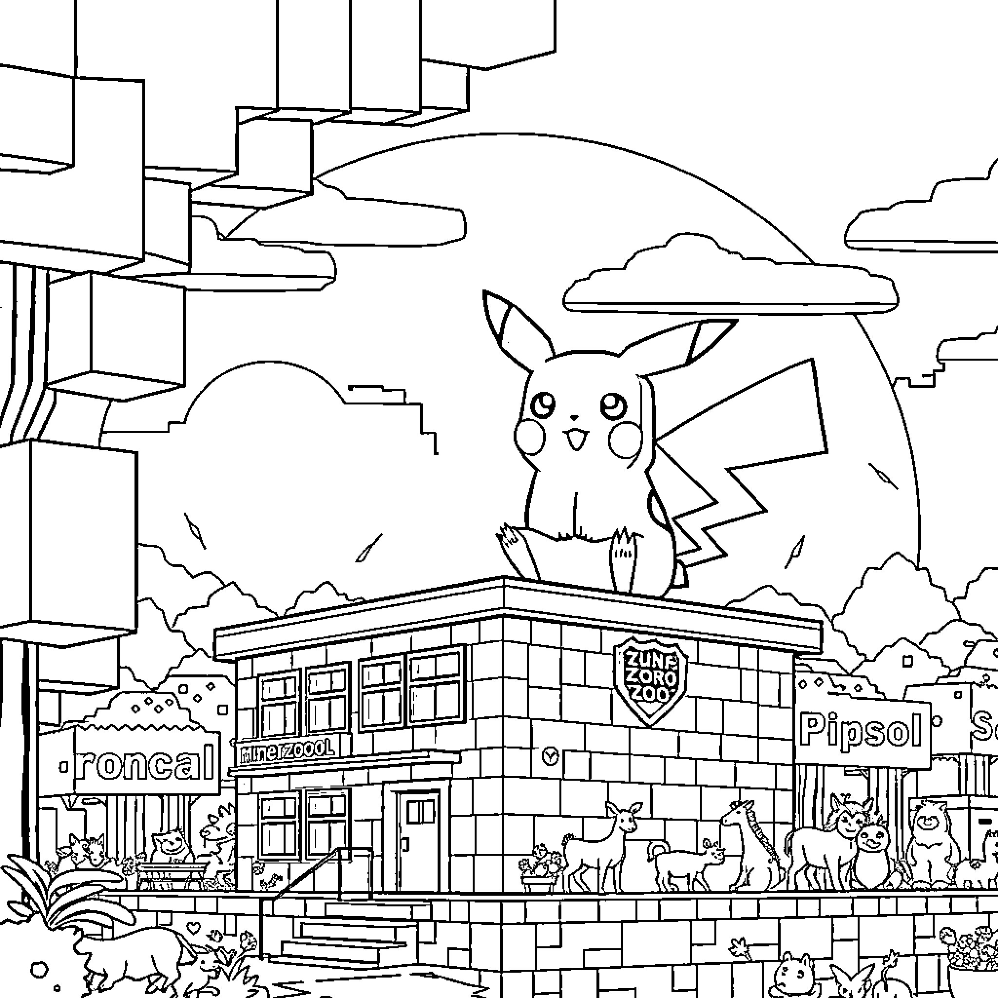 Pikachu exploring the Poke-filled town Coloring Page (free black-and-white line drawing printable PDF for all, from beginners to advanced learners, including children, teens, adults, and seniors)