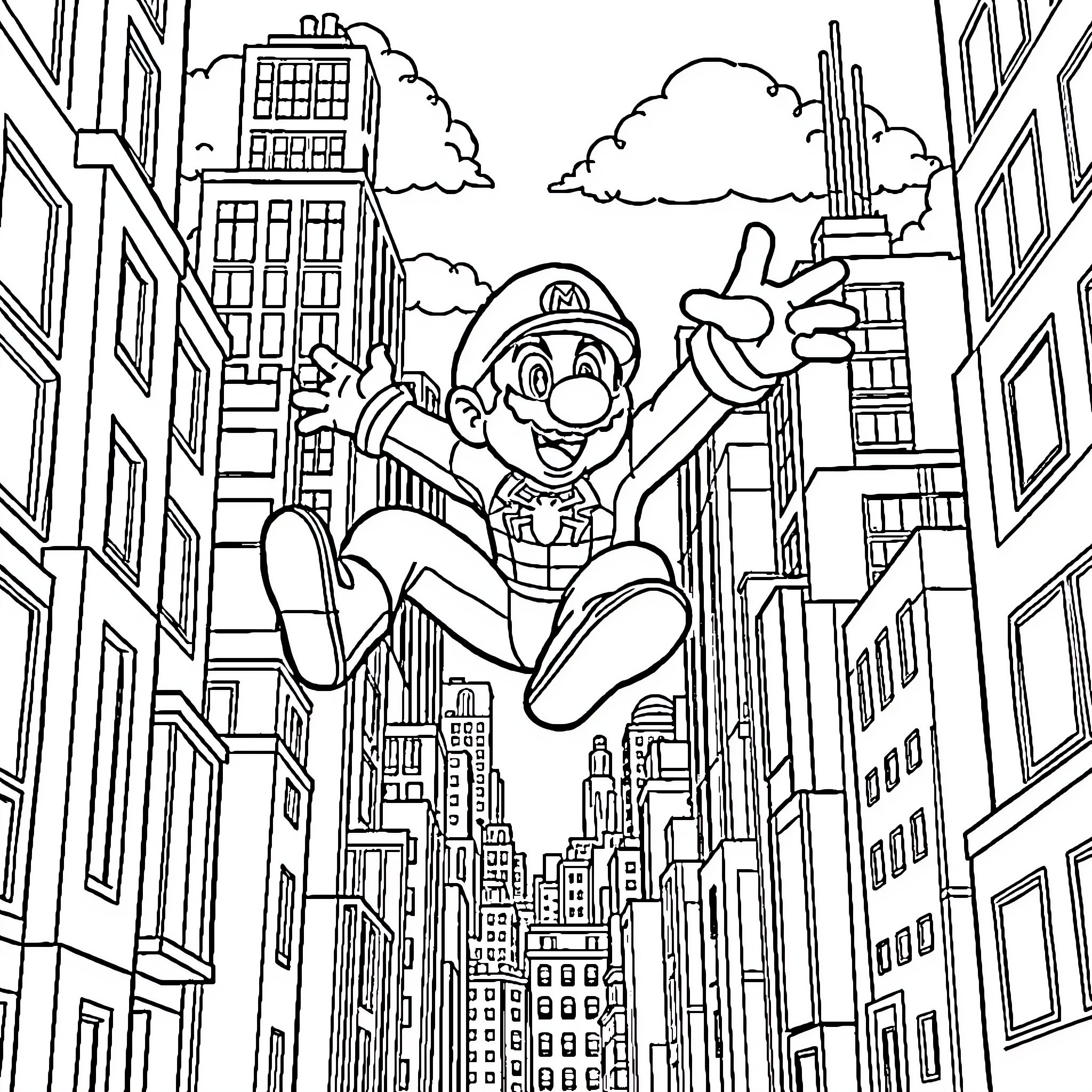 Mario's Adventurous City Exploration Coloring Page (free black-and-white line drawing printable PDF for all, from beginners to advanced learners, including children, teens, adults, and seniors)