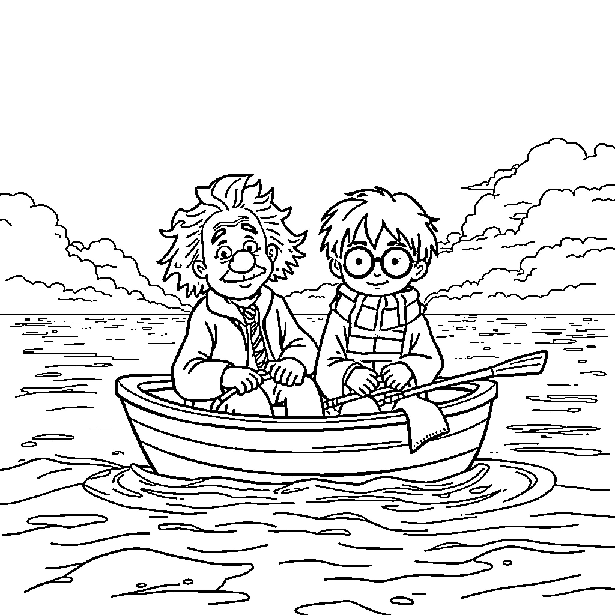 Einstein's Whimsical Adventure at Sea Coloring Page (free black-and-white line drawing printable PDF for all, from beginners to advanced learners, including children, teens, adults, and seniors)