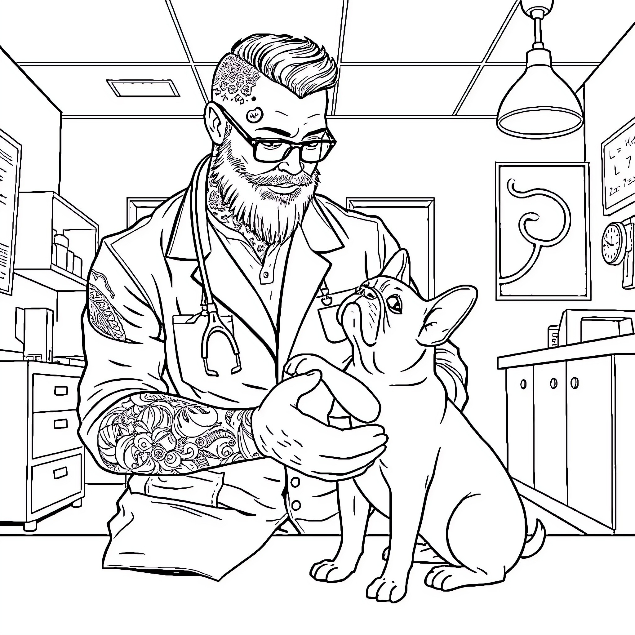 Veterinarian examining a patient dog in clinic Coloring Page (free black-and-white line drawing printable PDF for all, from beginners to advanced learners, including children, teens, adults, and seniors)