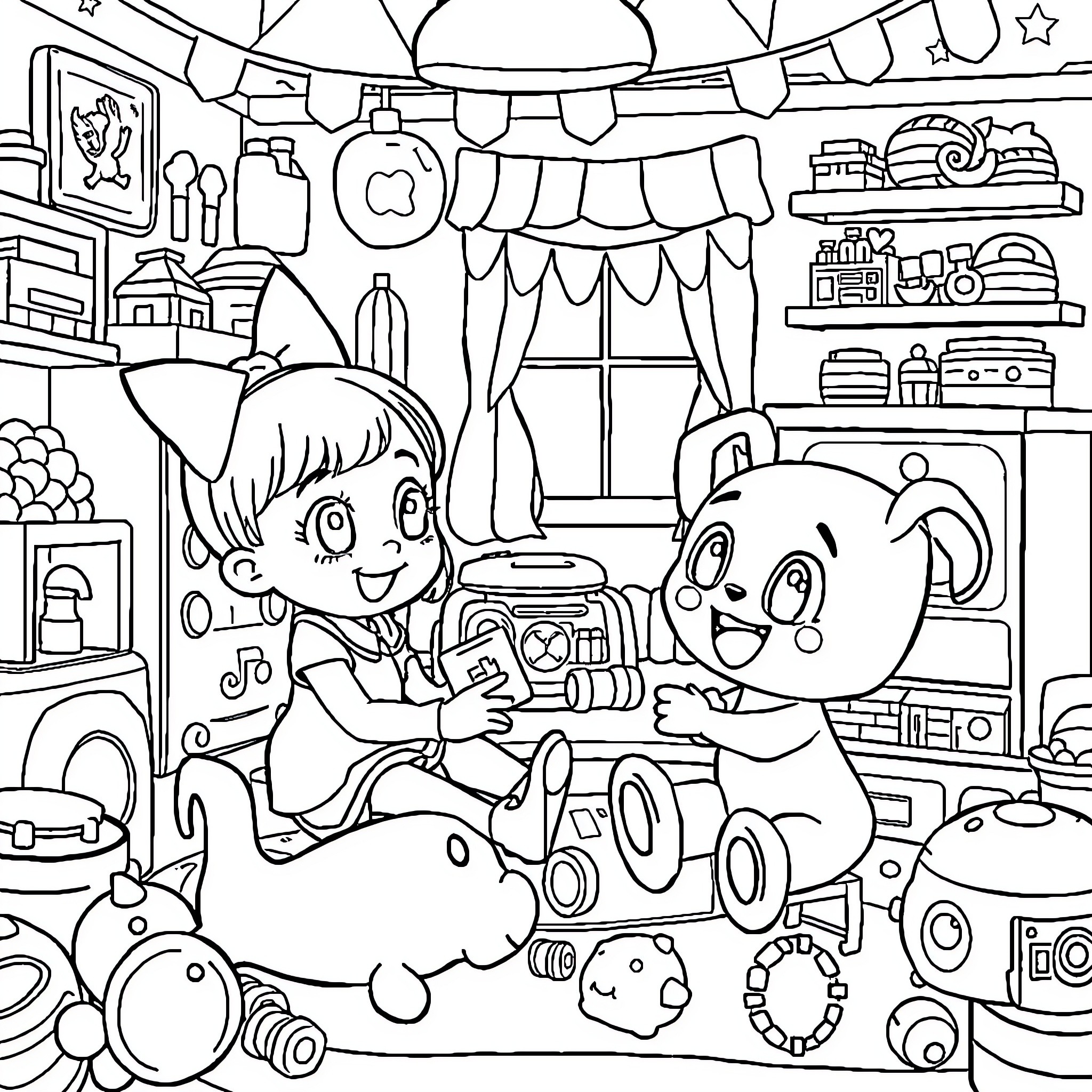 Gabby's Playful Toy Room Adventure Coloring Page (free black-and-white line drawing printable PDF for all, from beginners to advanced learners, including children, teens, adults, and seniors)