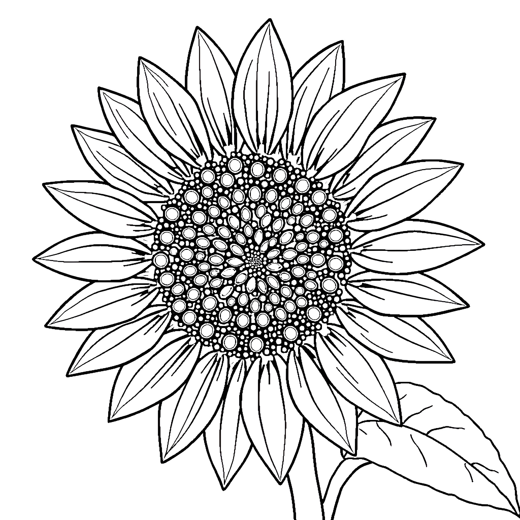 Sunflower blooming with intricate patterns Coloring Page (free black-and-white line drawing printable PDF for all, from beginners to advanced learners, including children, teens, adults, and seniors)