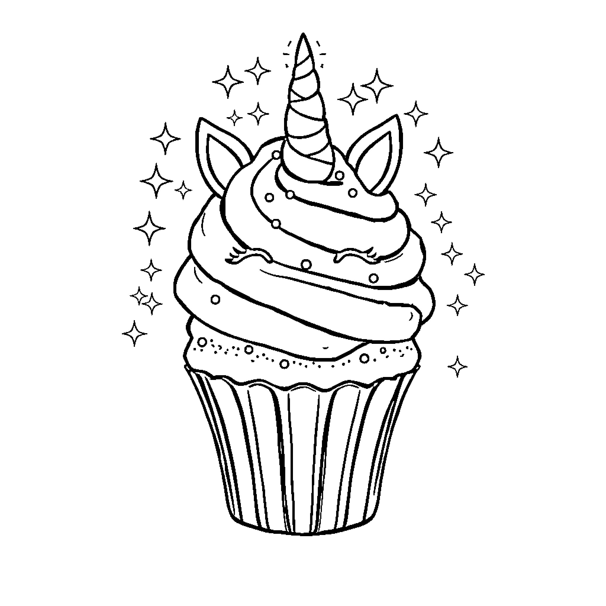 Unicorn cupcake with magical stars Coloring Page (free black-and-white line drawing printable PDF for all, from beginners to advanced learners, including children, teens, adults, and seniors)