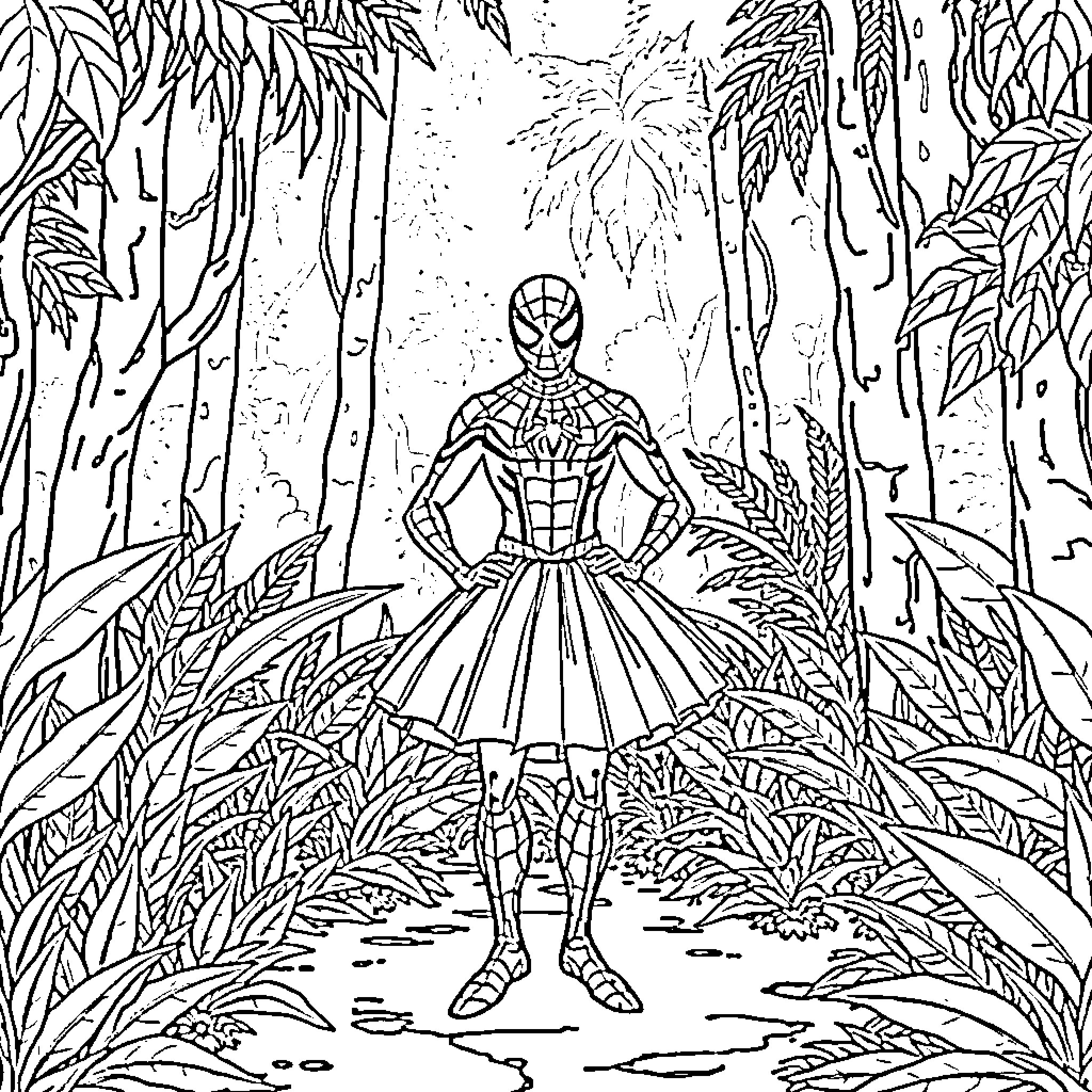 Spiderman wearing a tutu standing in a jungle Coloring Page (free black-and-white line drawing printable PDF for all, from beginners to advanced learners, including children, teens, adults, and seniors)