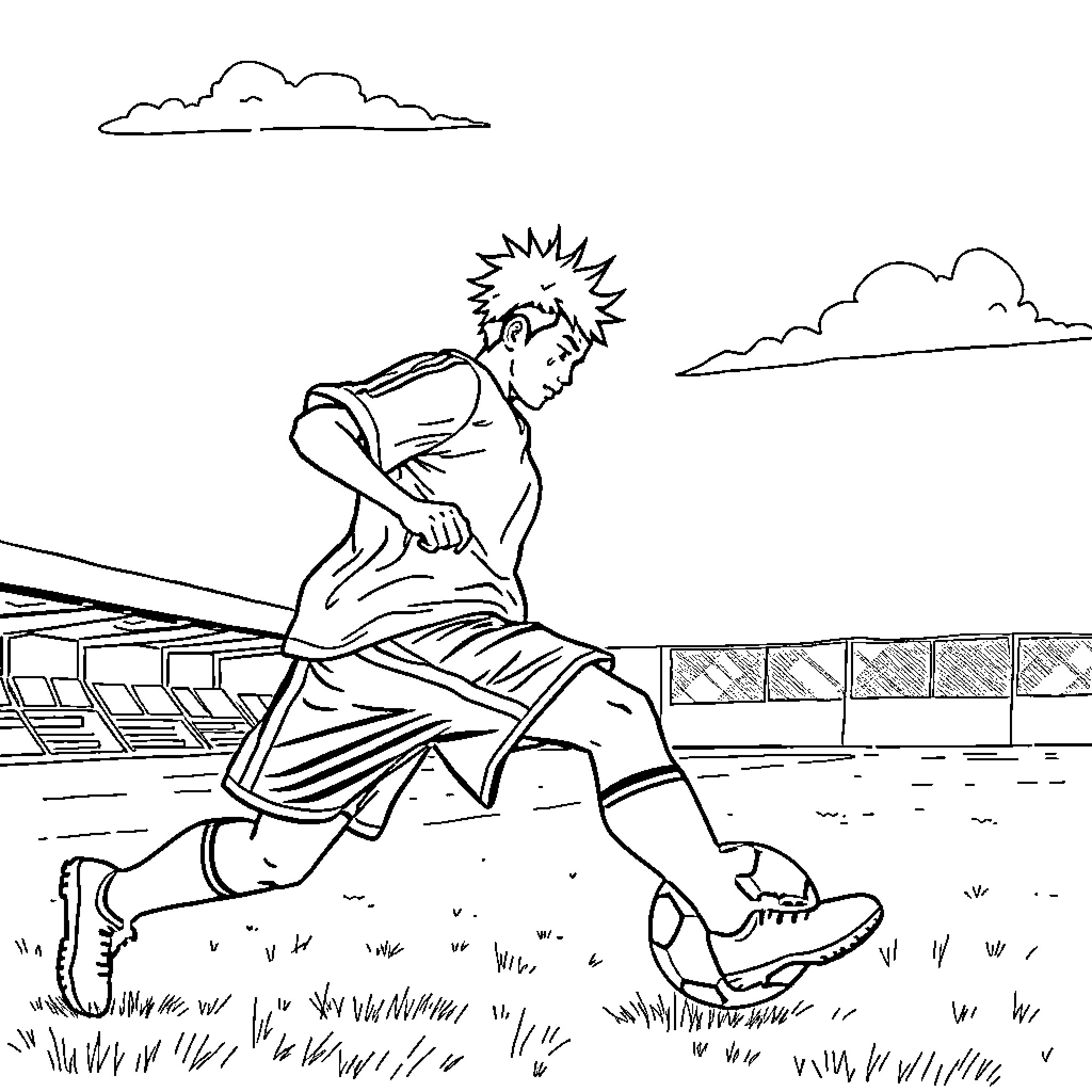 Sangoku figure playing sports on the field Coloring Page (free black-and-white line drawing printable PDF for all, from beginners to advanced learners, including children, teens, adults, and seniors)