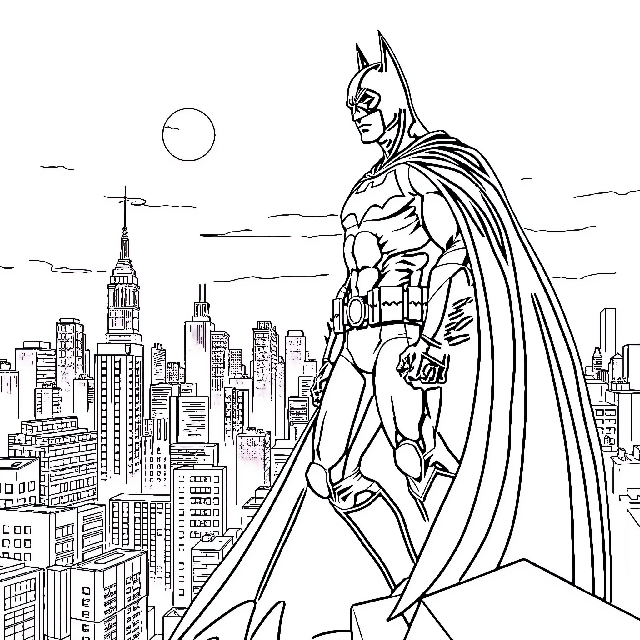 Batman overlooking the city skyline Coloring Page (free black-and-white line drawing printable PDF for all, from beginners to advanced learners, including children, teens, adults, and seniors)