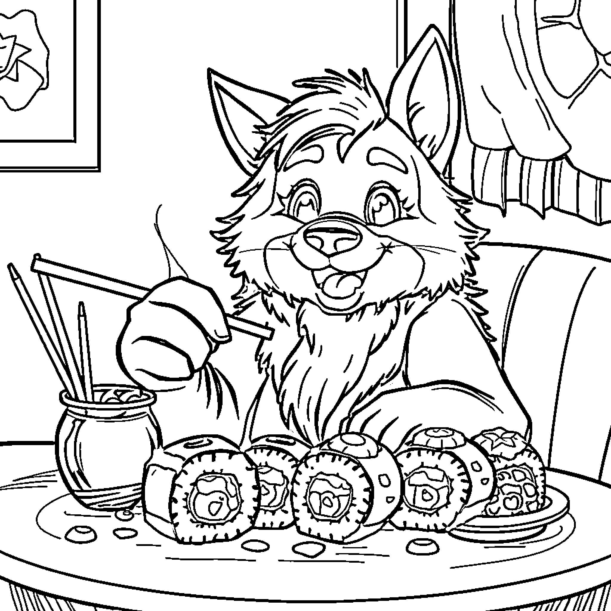 Rumi the Curious Furry Artist Coloring Page (free black-and-white line drawing printable PDF for all, from beginners to advanced learners, including children, teens, adults, and seniors)