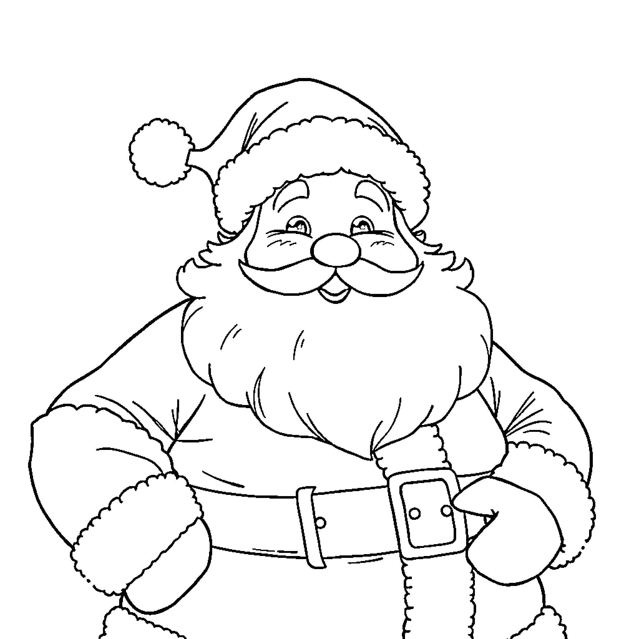 Santa Claus in a warm and cheerful pose Coloring Page (free black-and-white line drawing printable PDF for all, from beginners to advanced learners, including children, teens, adults, and seniors)