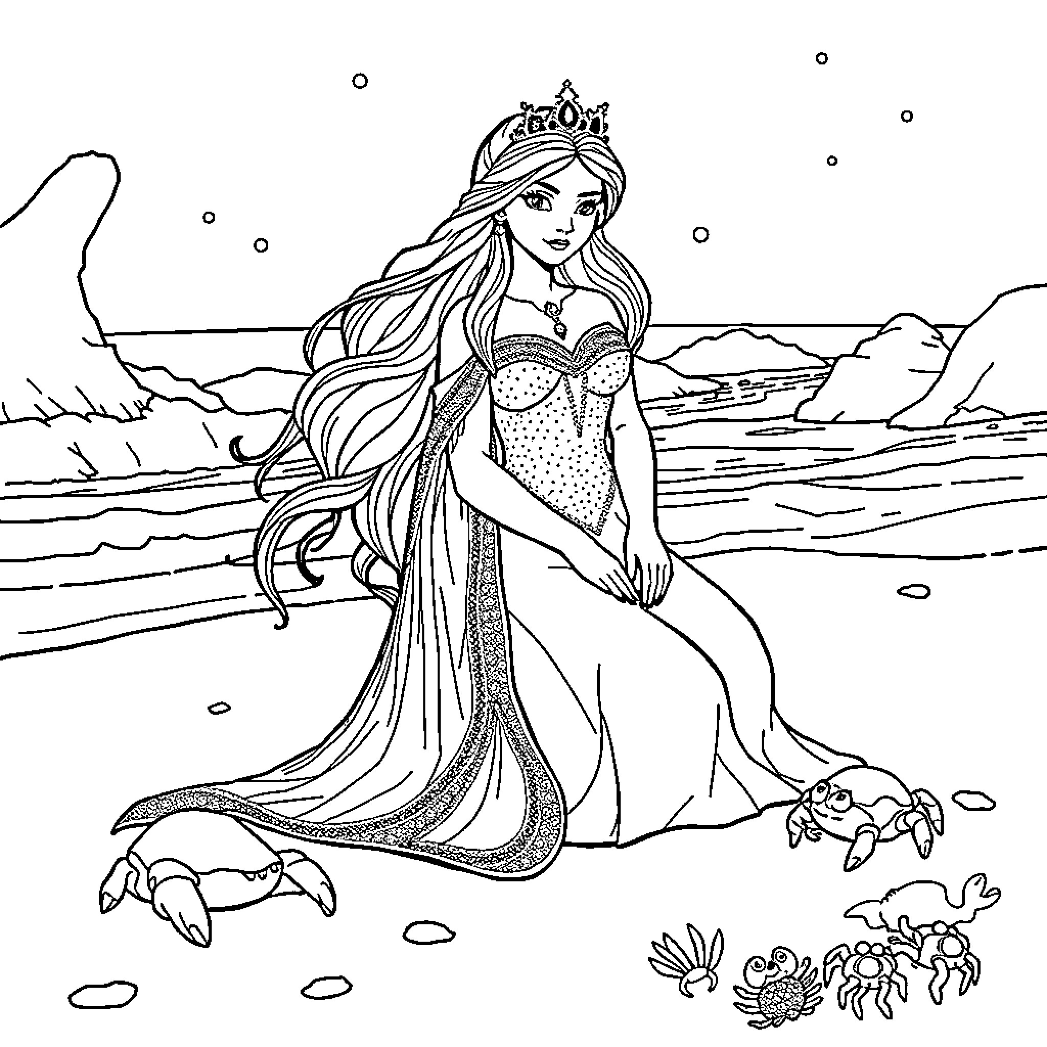Snow Queen Mermaid in Enchanted Winter Landscape Coloring Page (free black-and-white line drawing printable PDF for all, from beginners to advanced learners, including children, teens, adults, and seniors)