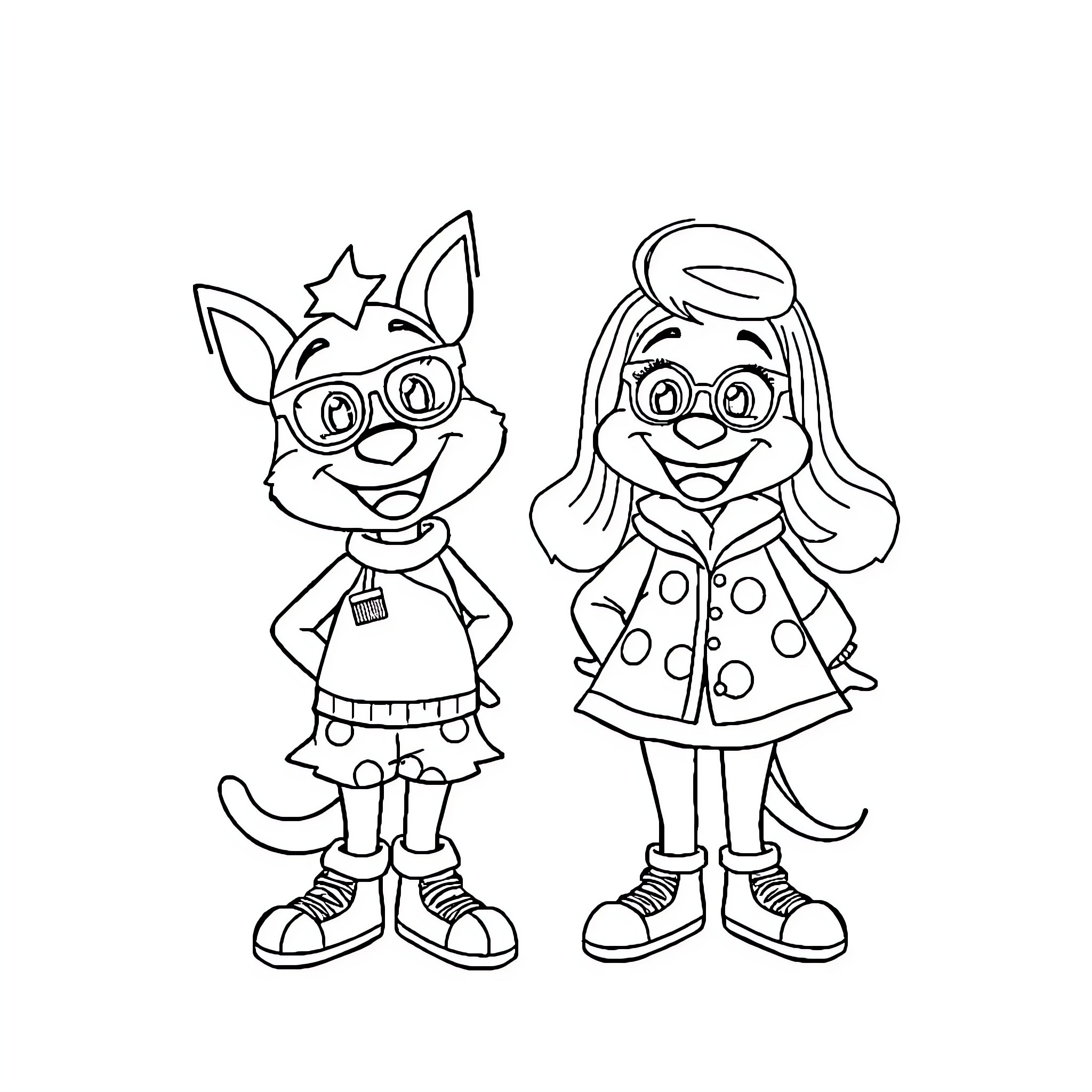 Bluey characters in whimsical outfits and accessories Coloring Page (free black-and-white line drawing printable PDF for all, from beginners to advanced learners, including children, teens, adults, and seniors)