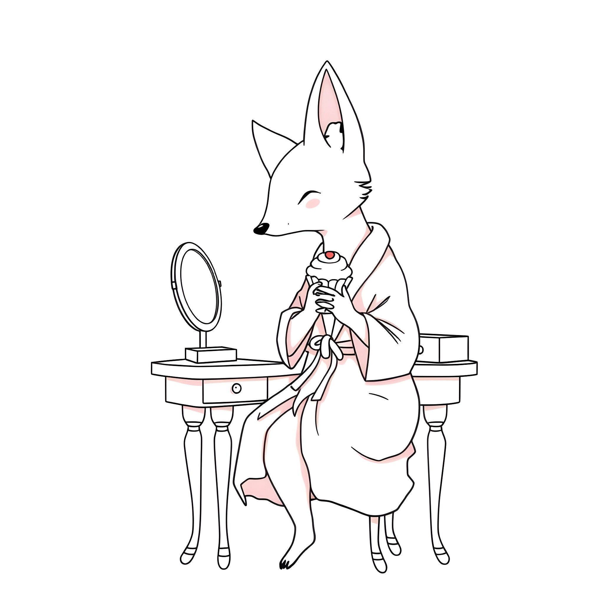 Fox applying makeup in front of mirror Coloring Page (free black-and-white line drawing printable PDF for all, from beginners to advanced learners, including children, teens, adults, and seniors)