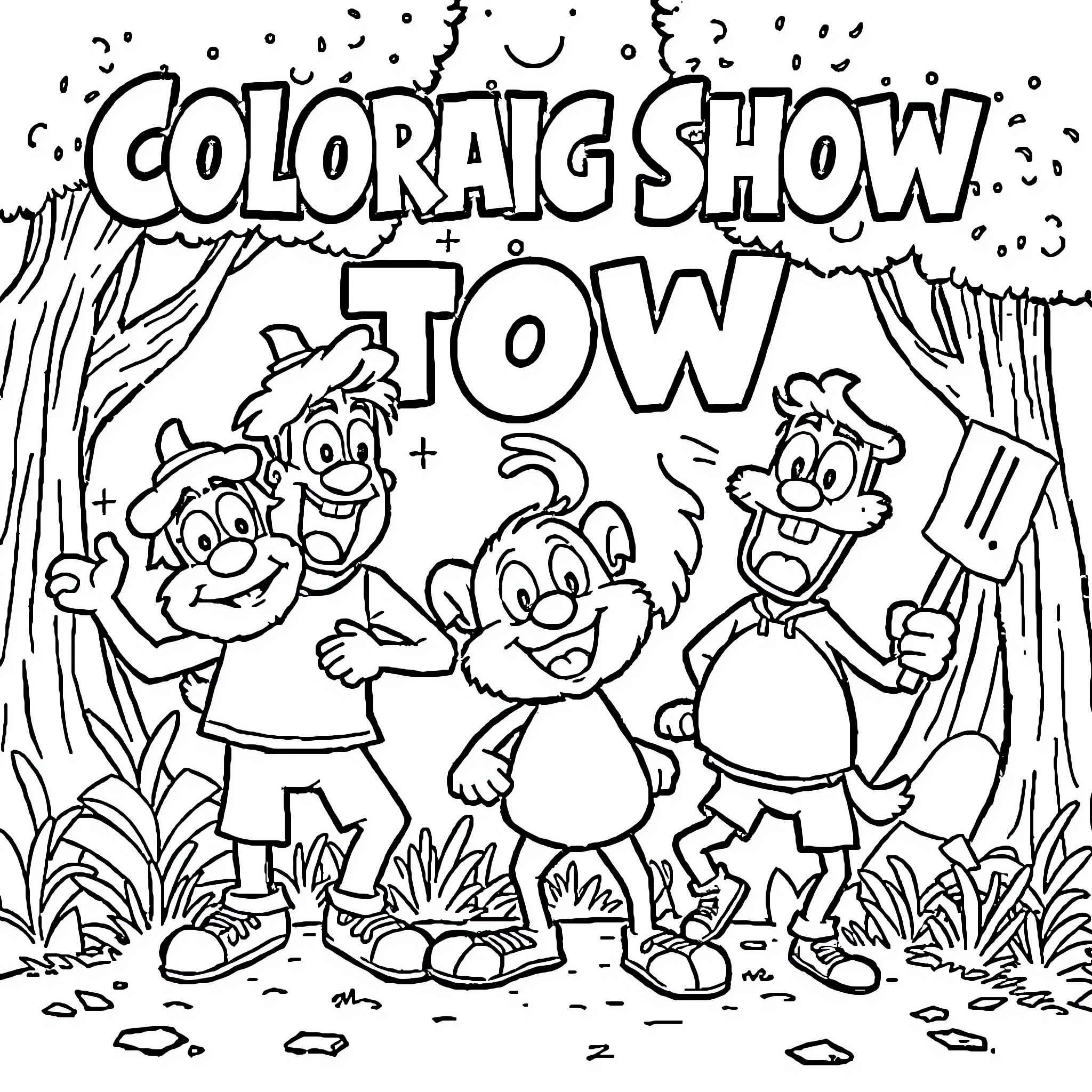 Regular Show Characters in Colorful Outdoor Scene Coloring Page (free black-and-white line drawing printable PDF for all, from beginners to advanced learners, including children, teens, adults, and seniors)
