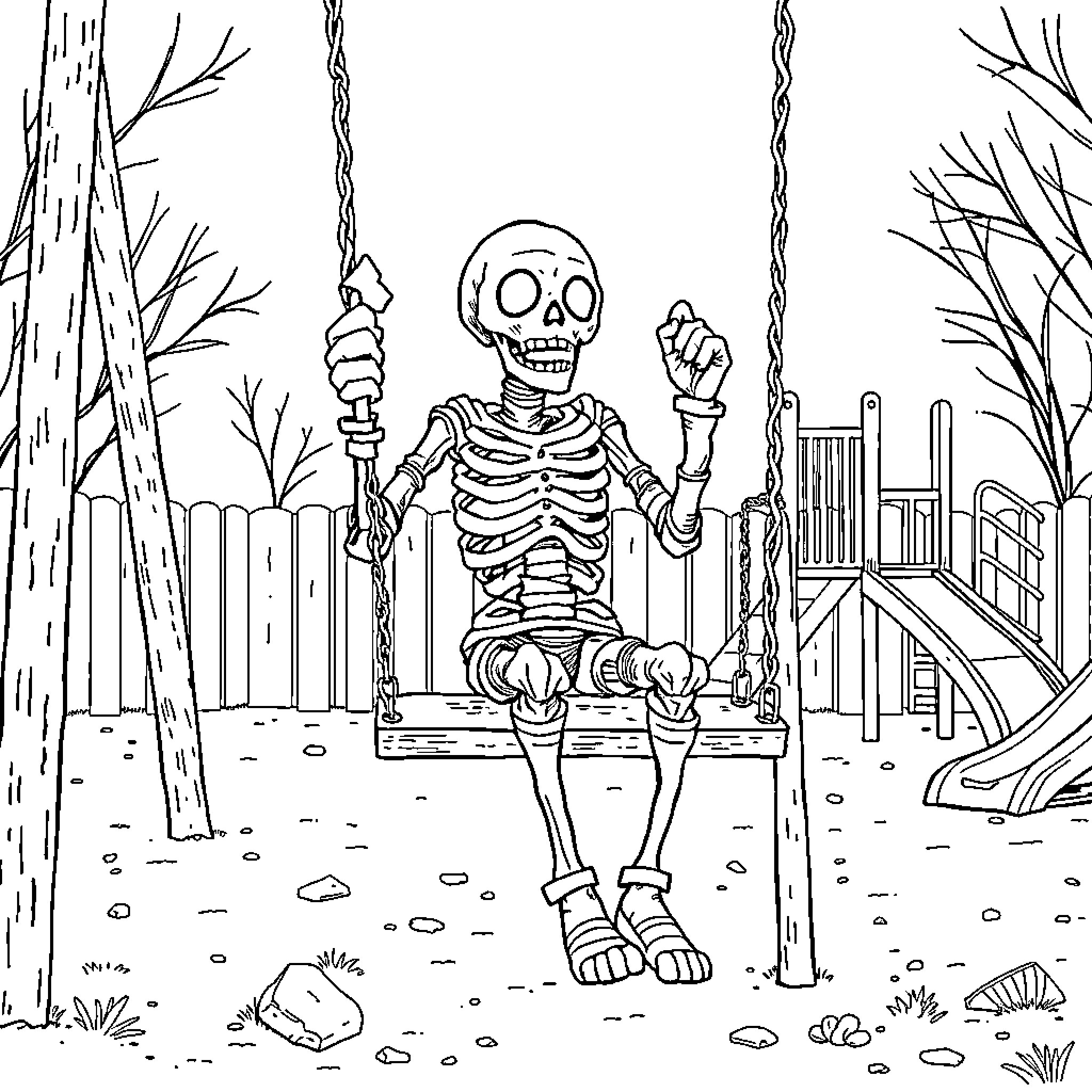 Mummy skeleton enjoying playtime on a swing Coloring Page (free black-and-white line drawing printable PDF for all, from beginners to advanced learners, including children, teens, adults, and seniors)