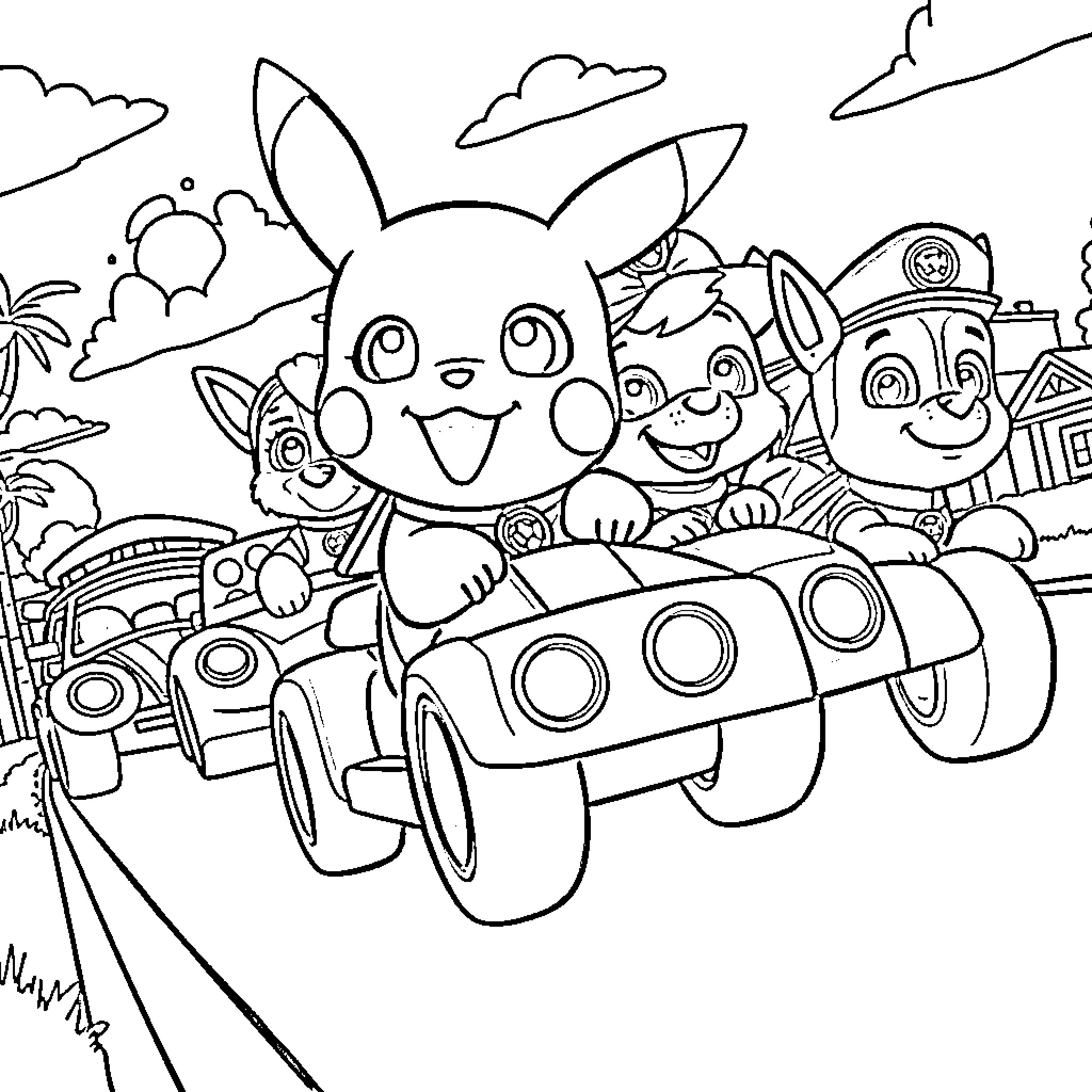 Pikachu and friends going on an adventure Coloring Page (free black-and-white line drawing printable PDF for all, from beginners to advanced learners, including children, teens, adults, and seniors)