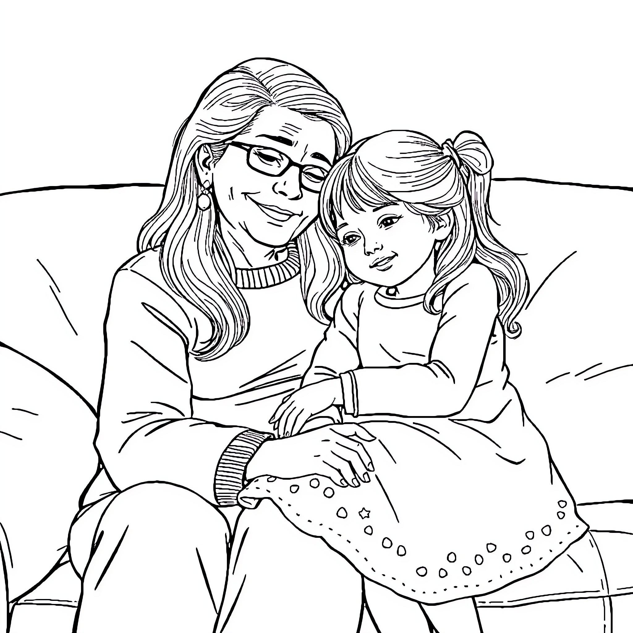 Grandma cherishing precious time with granddaughter Coloring Page (free black-and-white line drawing printable PDF for all, from beginners to advanced learners, including children, teens, adults, and seniors)