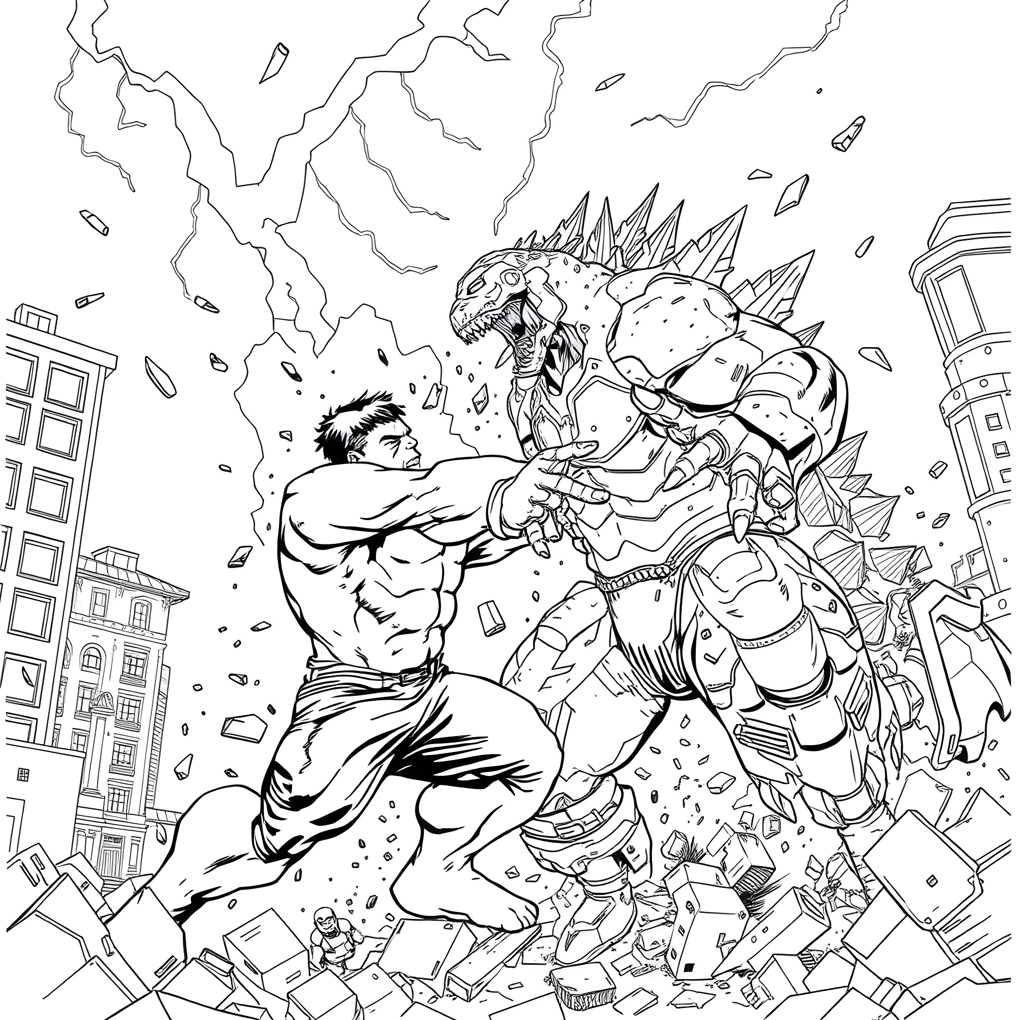 Hulk Confronting a Monstrous Creature in Urban Chaos Coloring Page (free black-and-white line drawing printable PDF for all, from beginners to advanced learners, including children, teens, adults, and seniors)