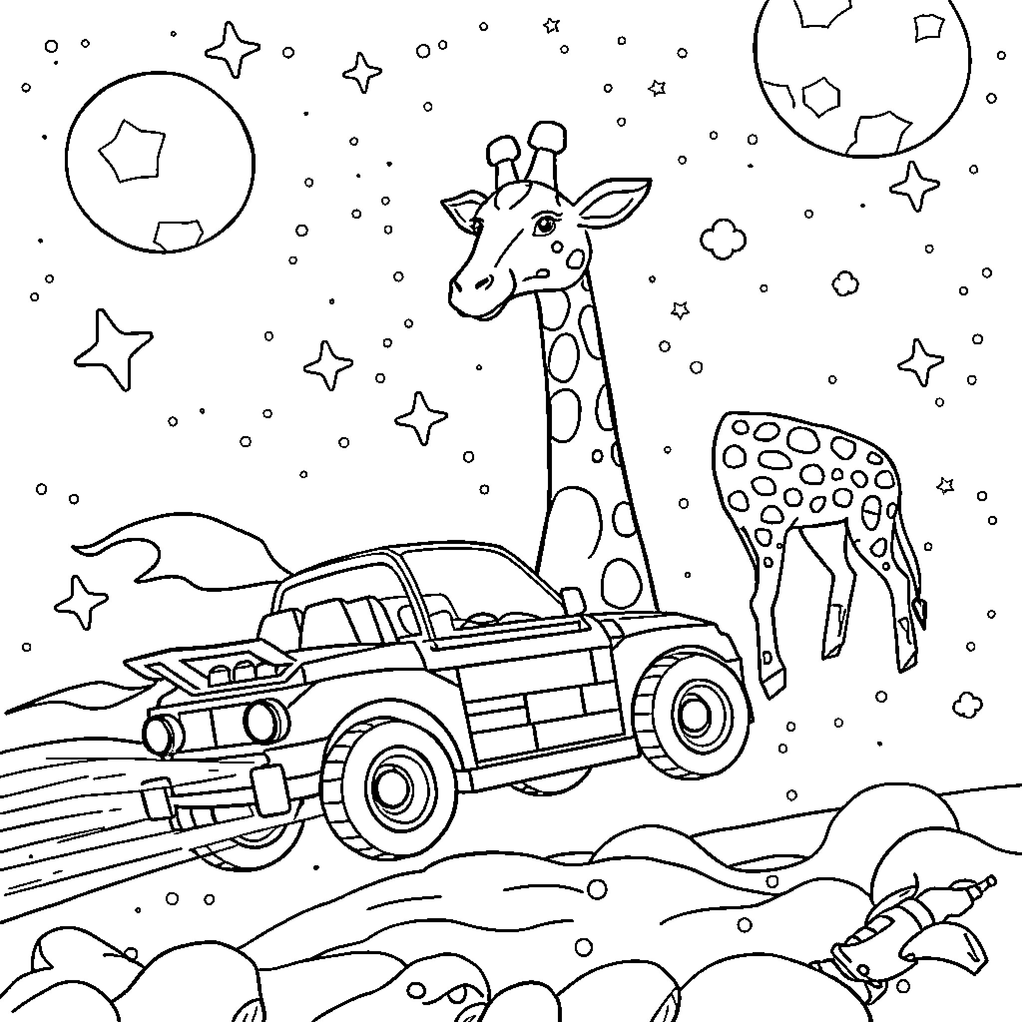 Lego Car Travels Through Cosmic Landscape with Giraffe Coloring Page (free black-and-white line drawing printable PDF for all, from beginners to advanced learners, including children, teens, adults, and seniors)