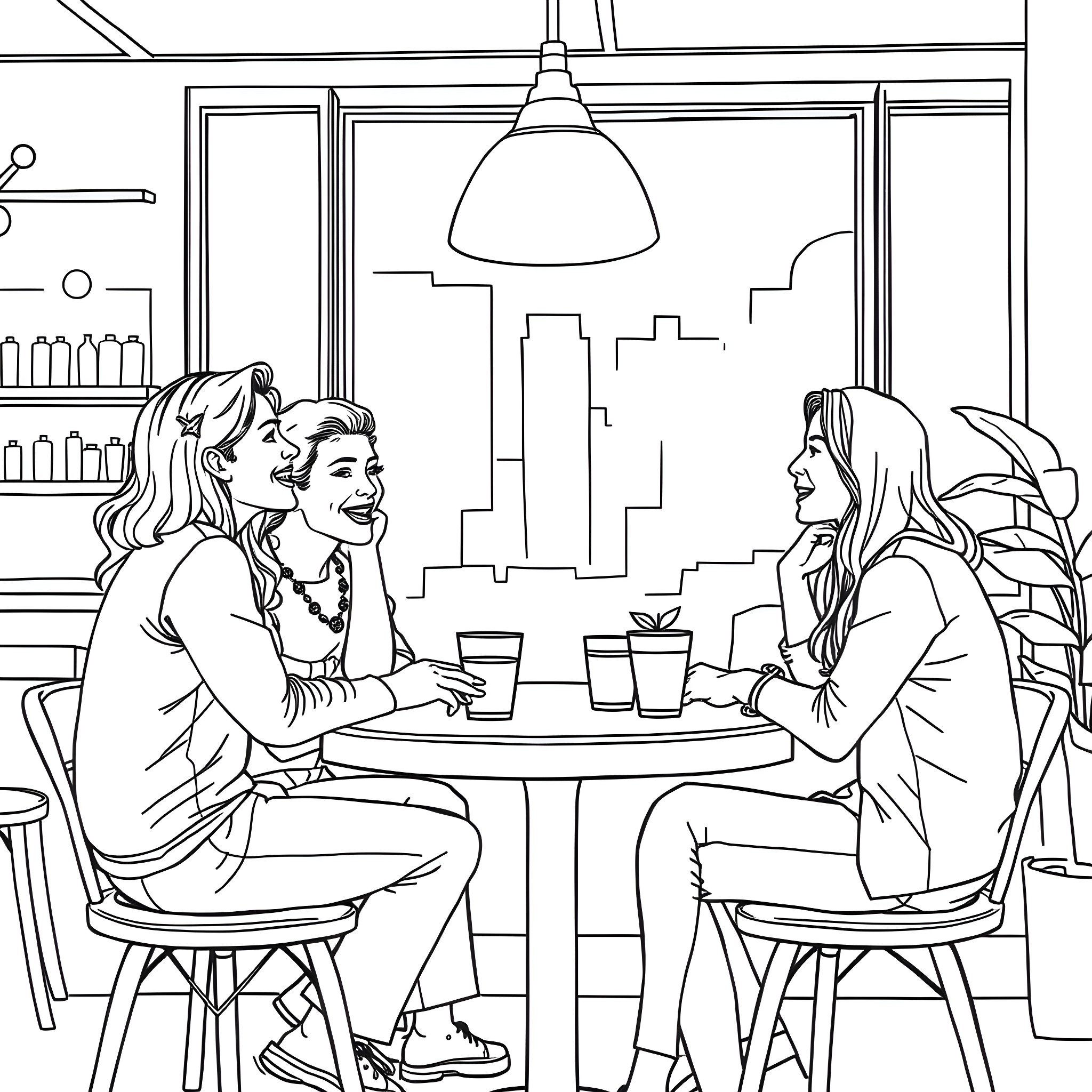 Friends Enjoying Conversation and Drinks in a Cozy Cafe Coloring Page (free black-and-white line drawing printable PDF for all, from beginners to advanced learners, including children, teens, adults, and seniors)
