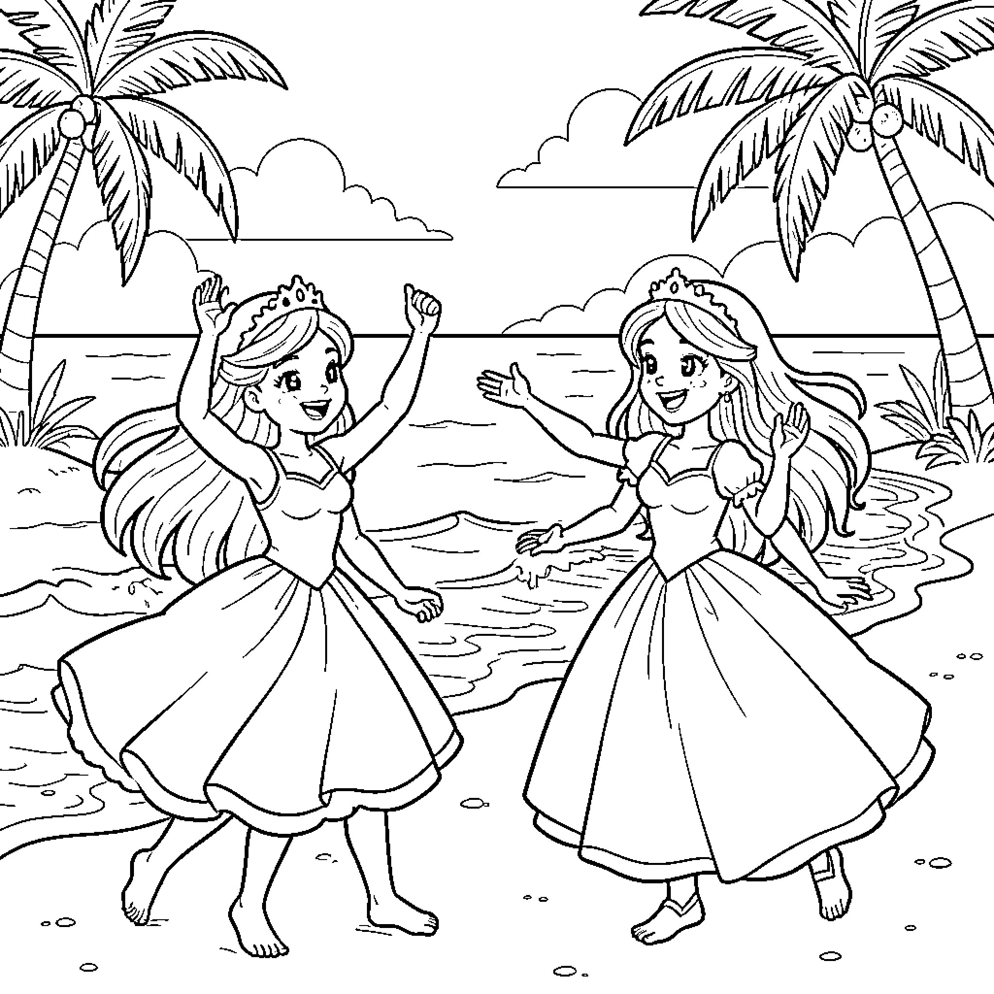 Princesses dancing joyfully on a tropical beach Coloring Page (free black-and-white line drawing printable PDF for all, from beginners to advanced learners, including children, teens, adults, and seniors)