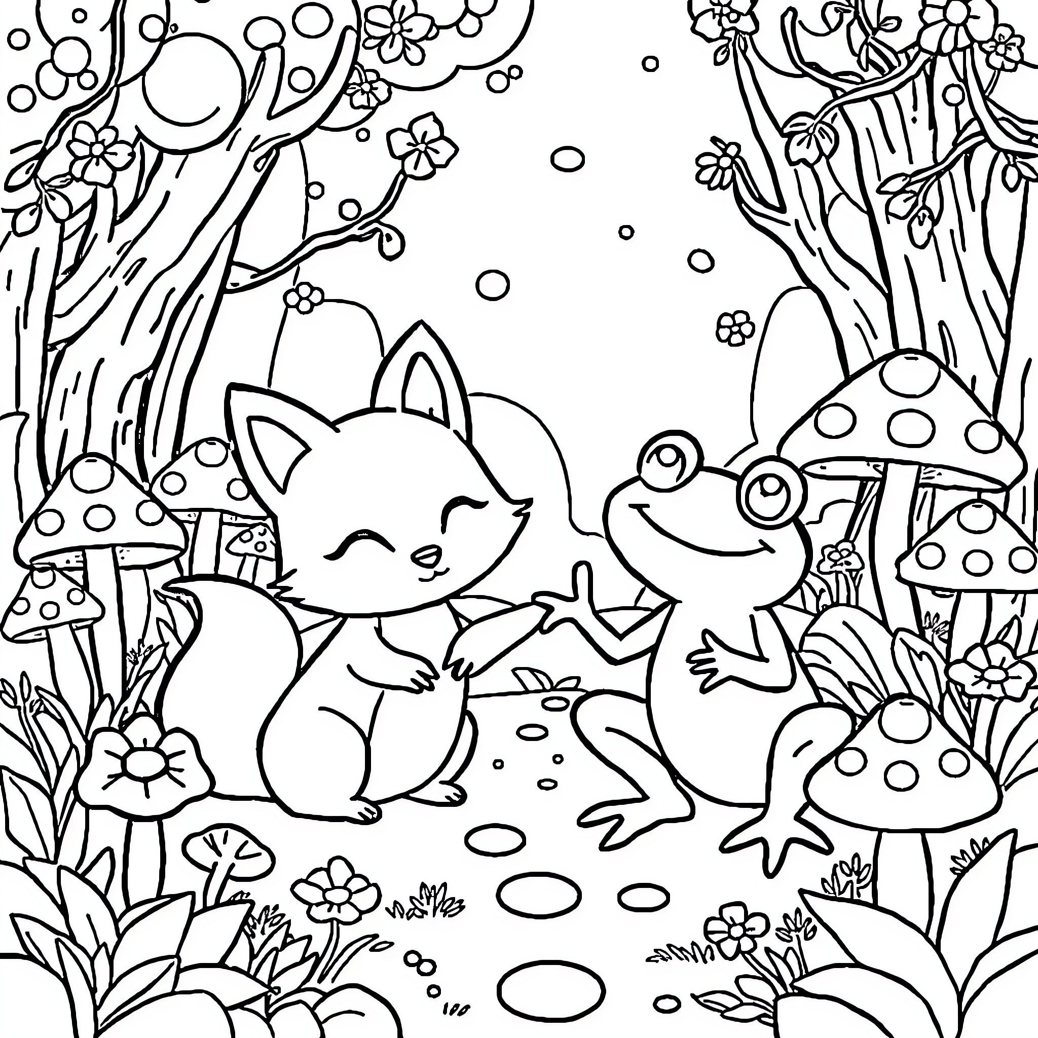 Fox playing joyfully in enchanted forest Coloring Page (free black-and-white line drawing printable PDF for all, from beginners to advanced learners, including children, teens, adults, and seniors)