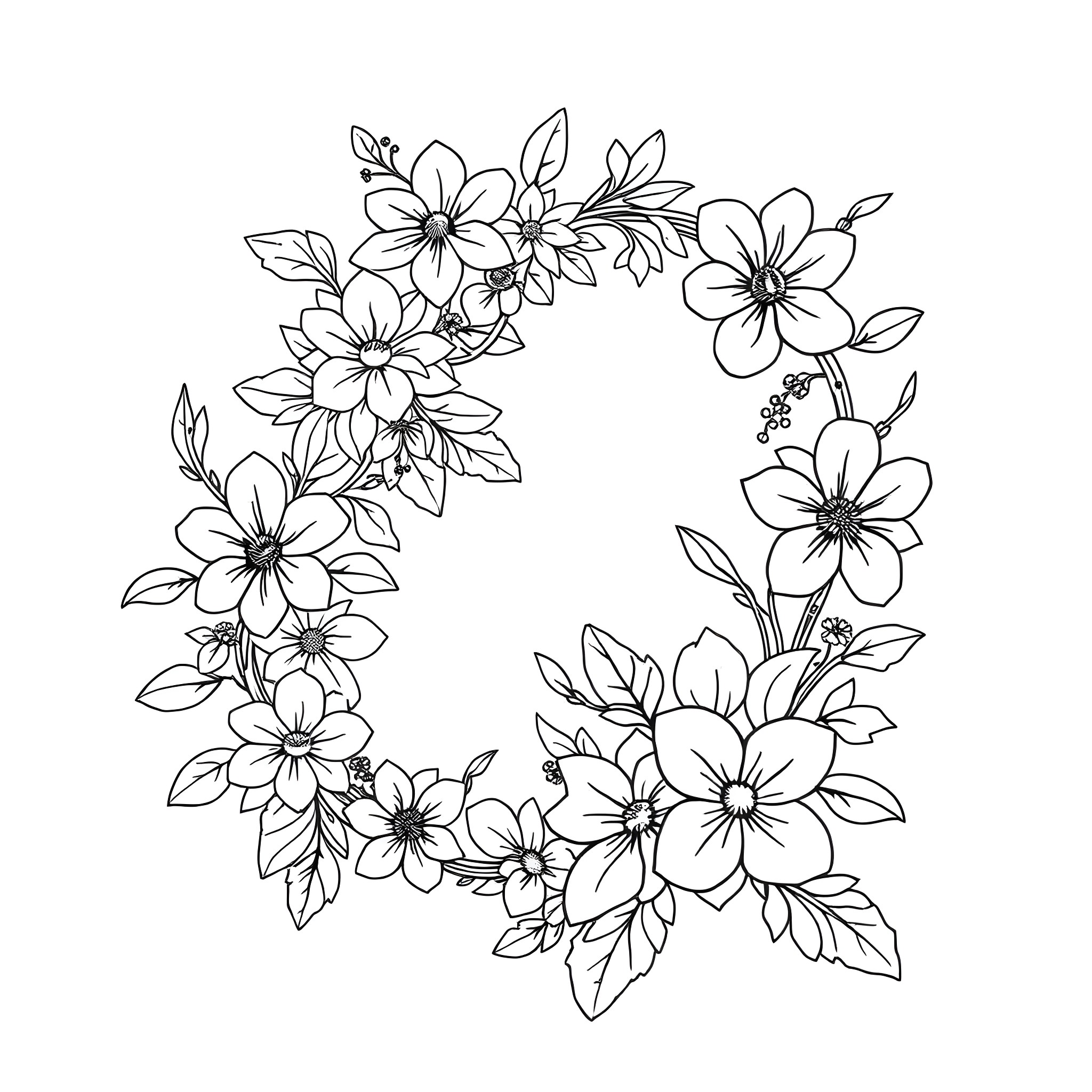 Letter K Formed by Blooming Flowers Coloring Page (free black-and-white line drawing printable PDF for all, from beginners to advanced learners, including children, teens, adults, and seniors)