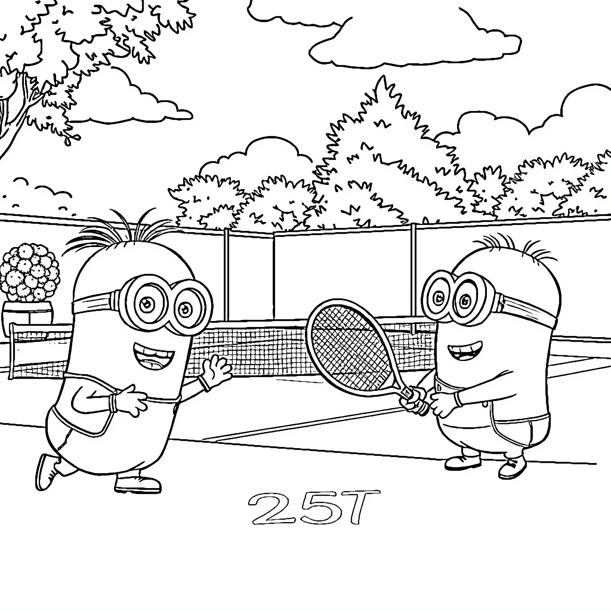 Minions playing tennis in the park Coloring Page (free black-and-white line drawing printable PDF for all, from beginners to advanced learners, including children, teens, adults, and seniors)