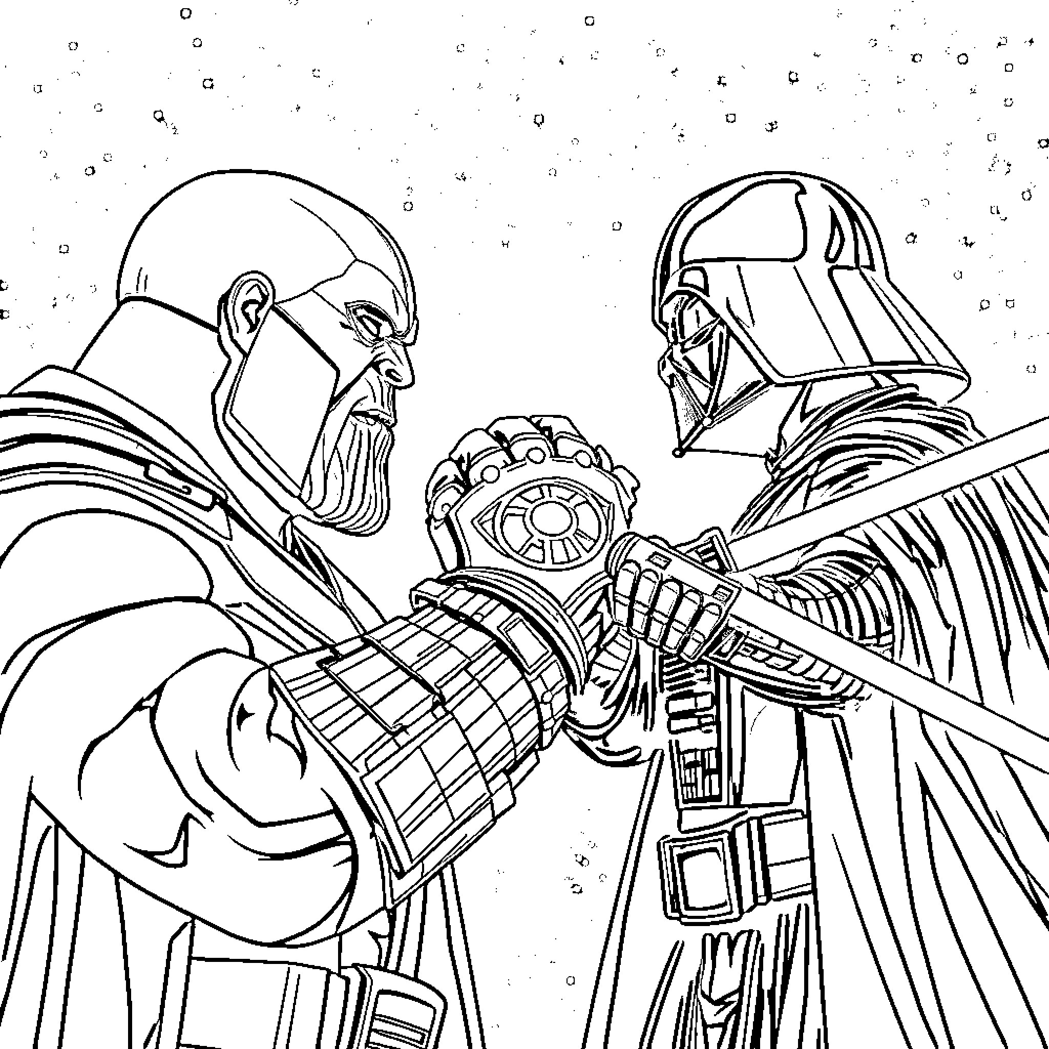 Thanos confronts Darth Vader in space Coloring Page (free black-and-white line drawing printable PDF for all, from beginners to advanced learners, including children, teens, adults, and seniors)