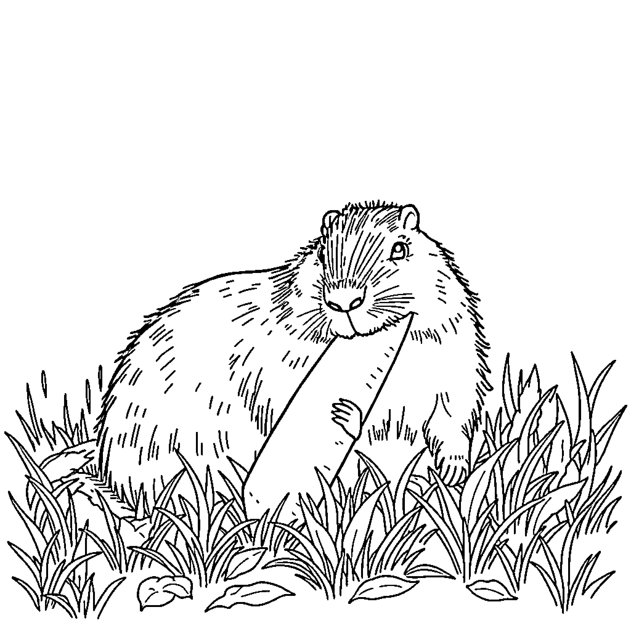 Capybara peeking out from the tall grass Coloring Page (free black-and-white line drawing printable PDF for all, from beginners to advanced learners, including children, teens, adults, and seniors)